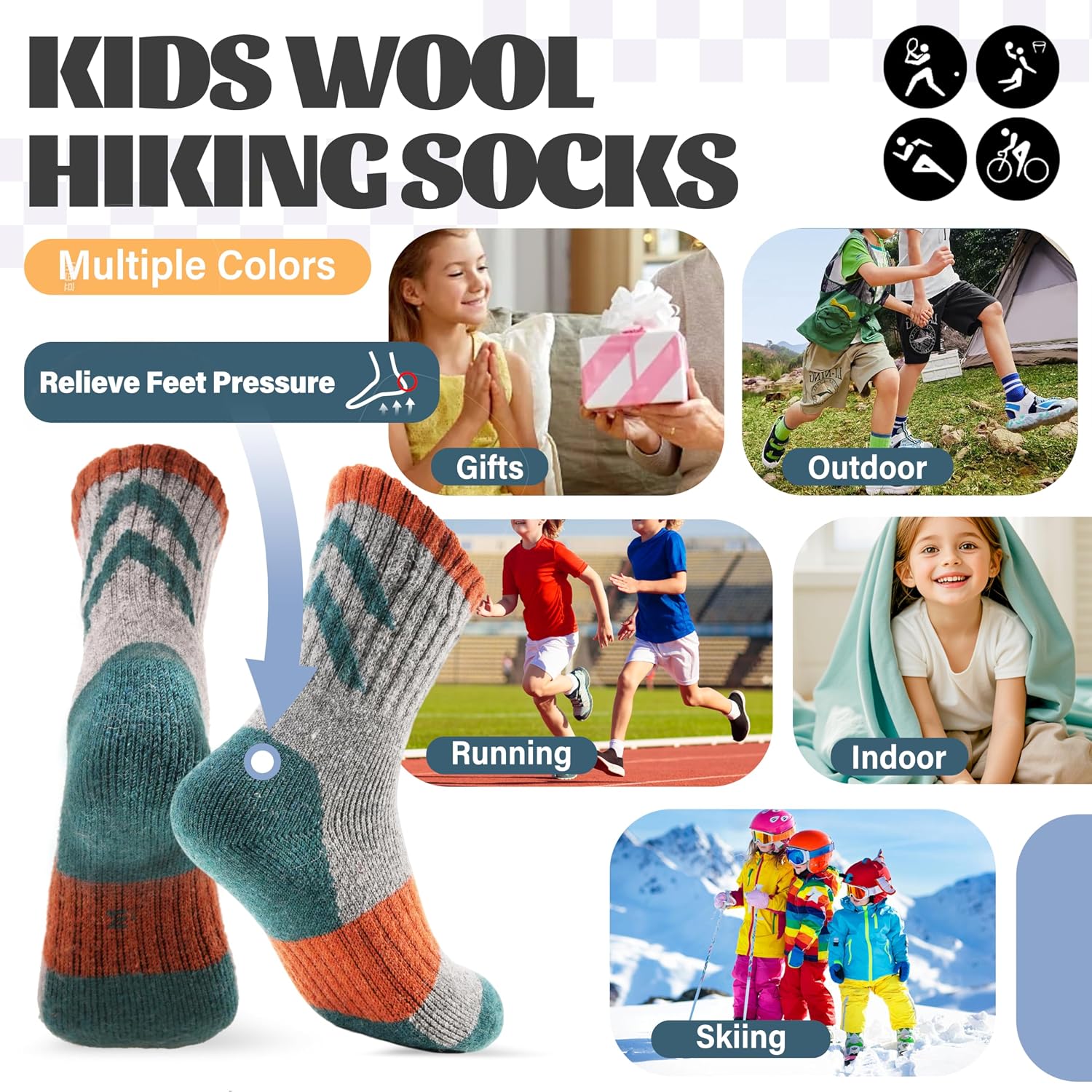 Detalle de Anlisim Kids Merino Wool Hiking Crew Socks, 6 Pairs with Cushioning