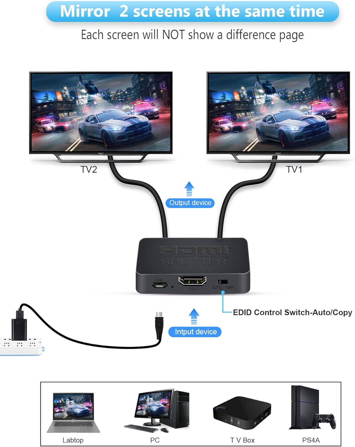 Thumbnail 1 de Avedio Links HDMI Splitter 1 auf 2 (Dual Monitor, Mirror Only) für 4K@60Hz HDMI 2.0b