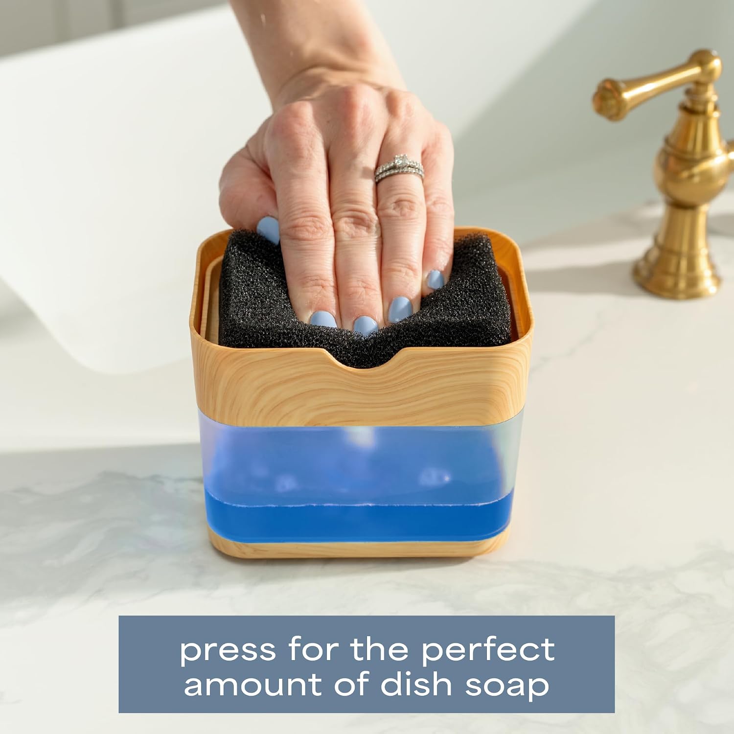 Thumbnail 1 de S&T INC. Dish Soap Dispenser and Sponge Holder, Bamboo-Color Plastic, 13 fl oz