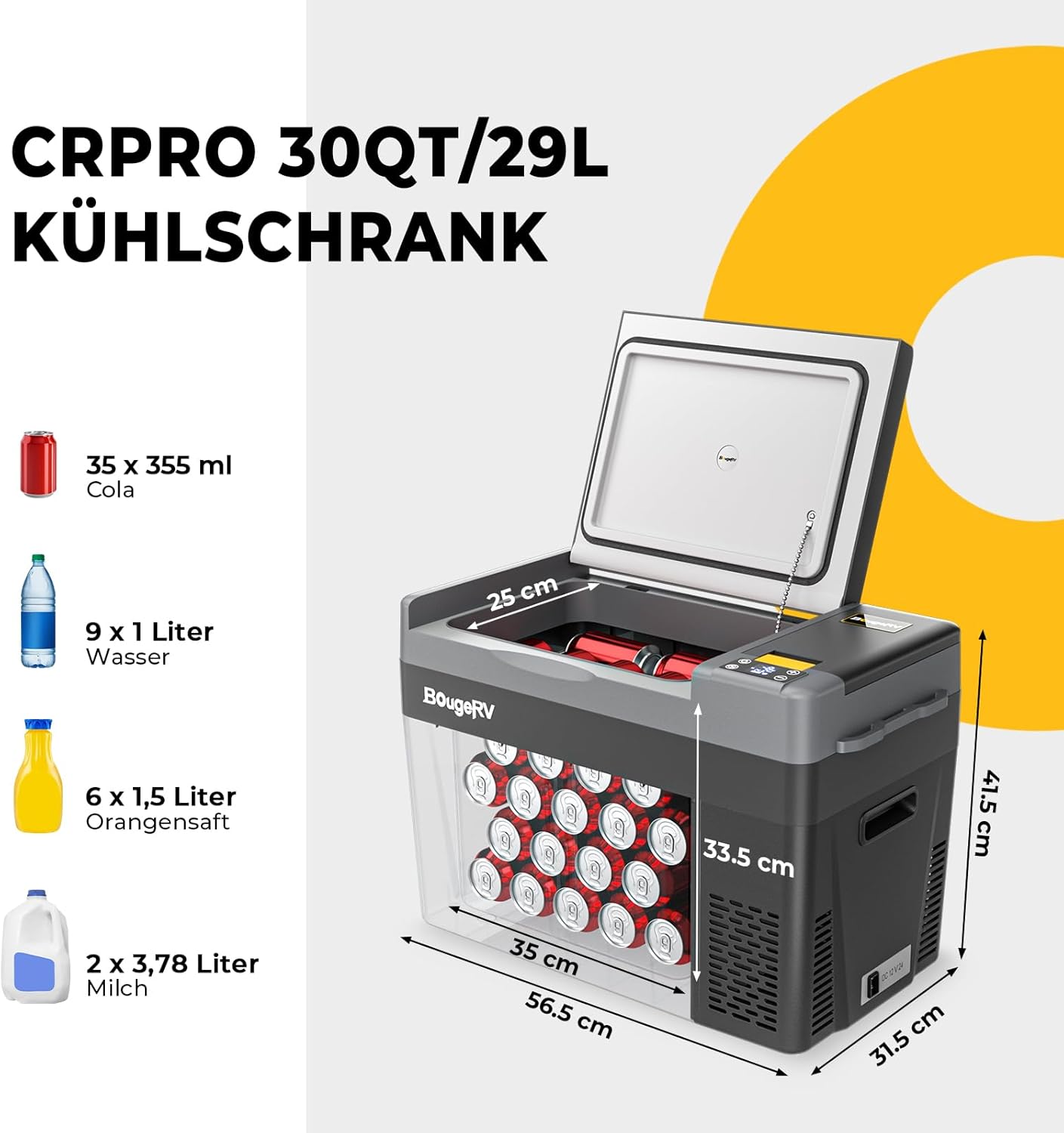 Detalle 2 de BougeRV CRPRO Kompressor Kühlbox 12V mit 277Wh Akku – 29 Liter, tragbar, für Auto & Camping