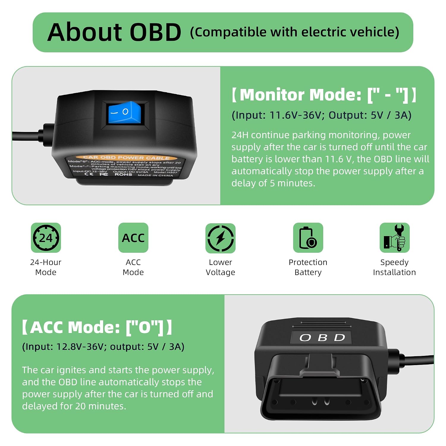Detalle 2 de RIIEYOCA OBD to USB DashCam Cable