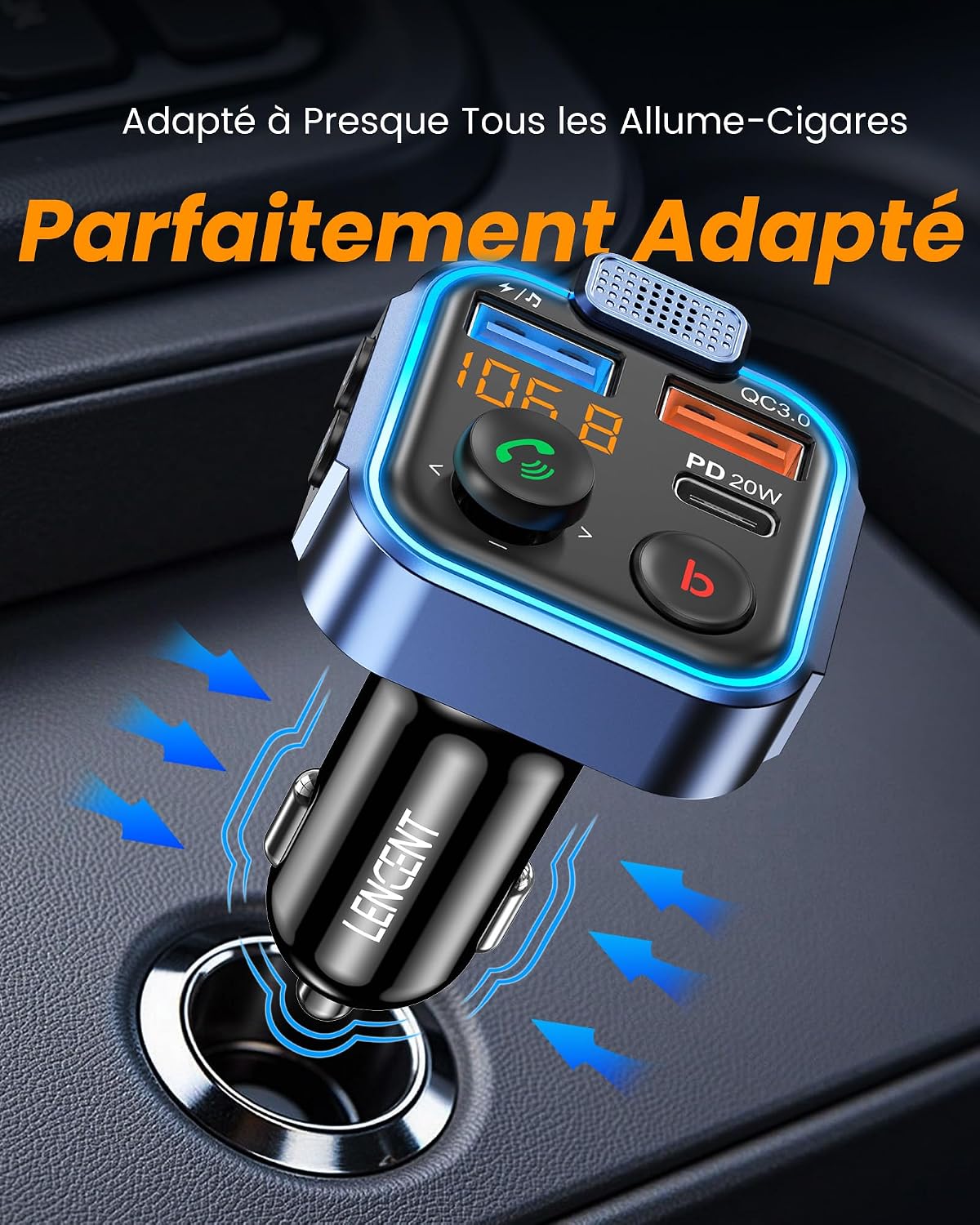 Thumbnail 6 de LENCENT Bluetooth FM-zender voor de auto met USB-C, QC 3.0 en basversterking