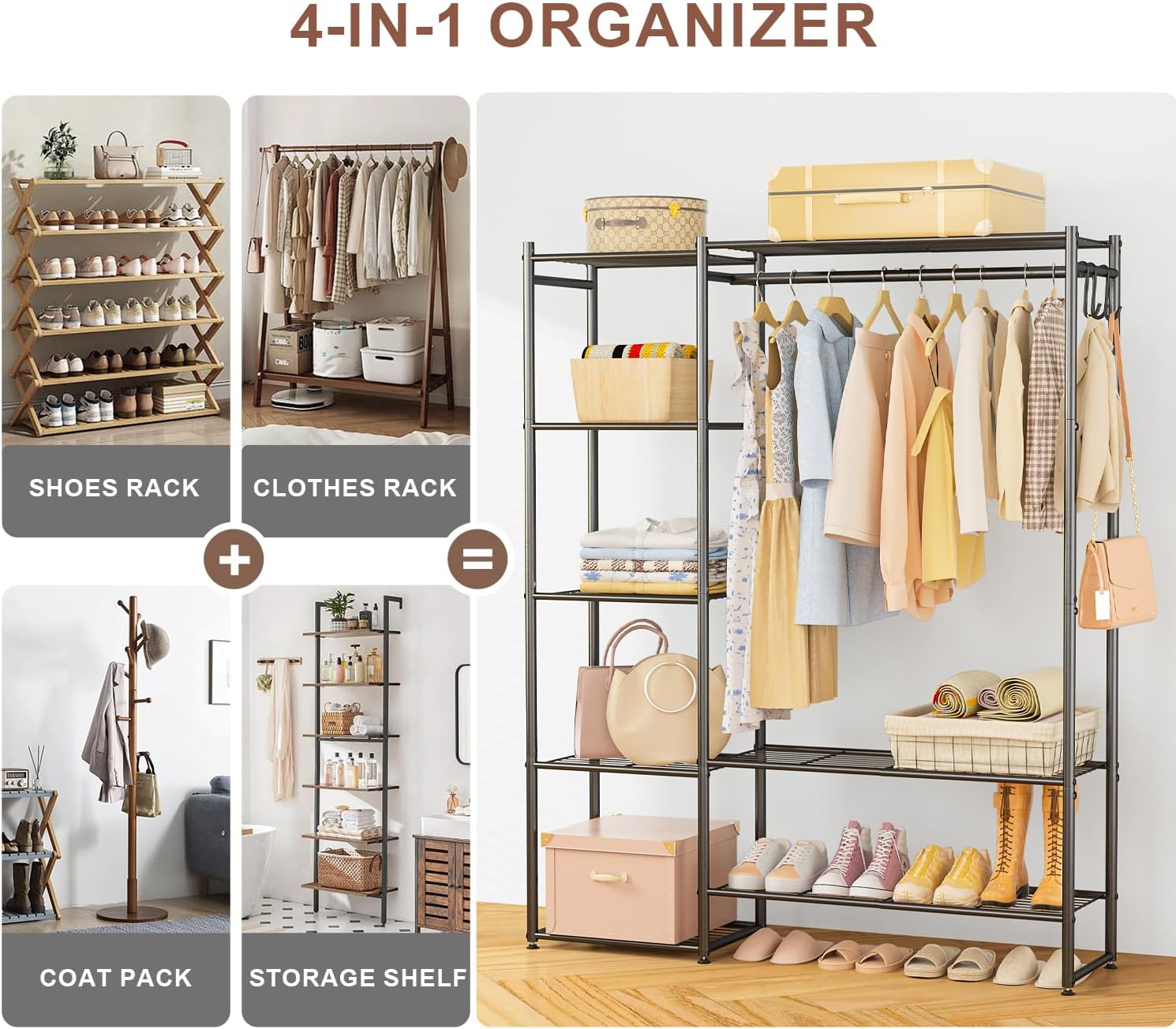 Detalle de Neprock free-standing clothes rail with hanging bar, 4 shelves and hooks (black)