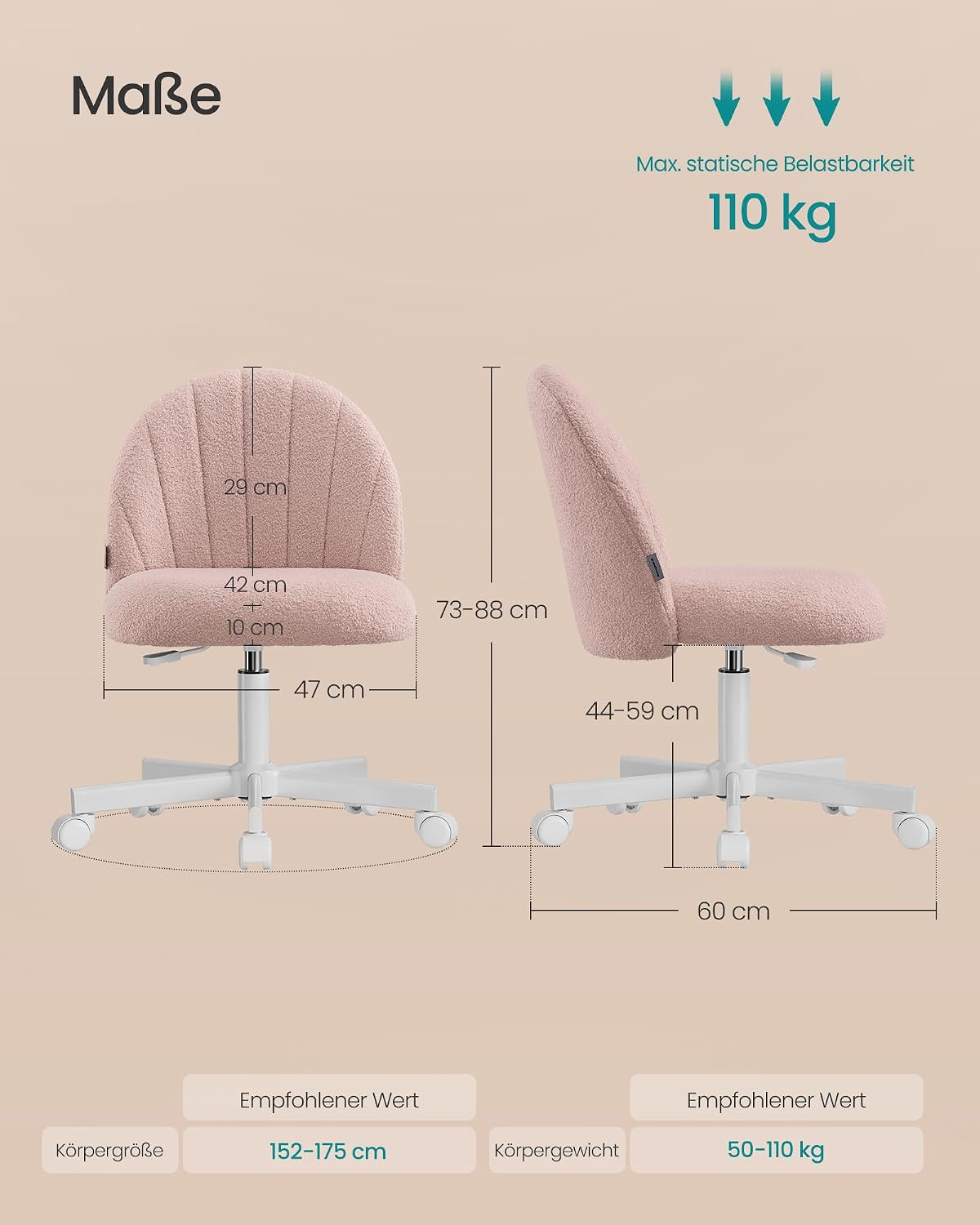 Detalle 2 de SONGMICS Schminkstuhl OBG027SA01 – Homeoffice-Stuhl aus Fleece, höhenverstellbar, pastelrosa