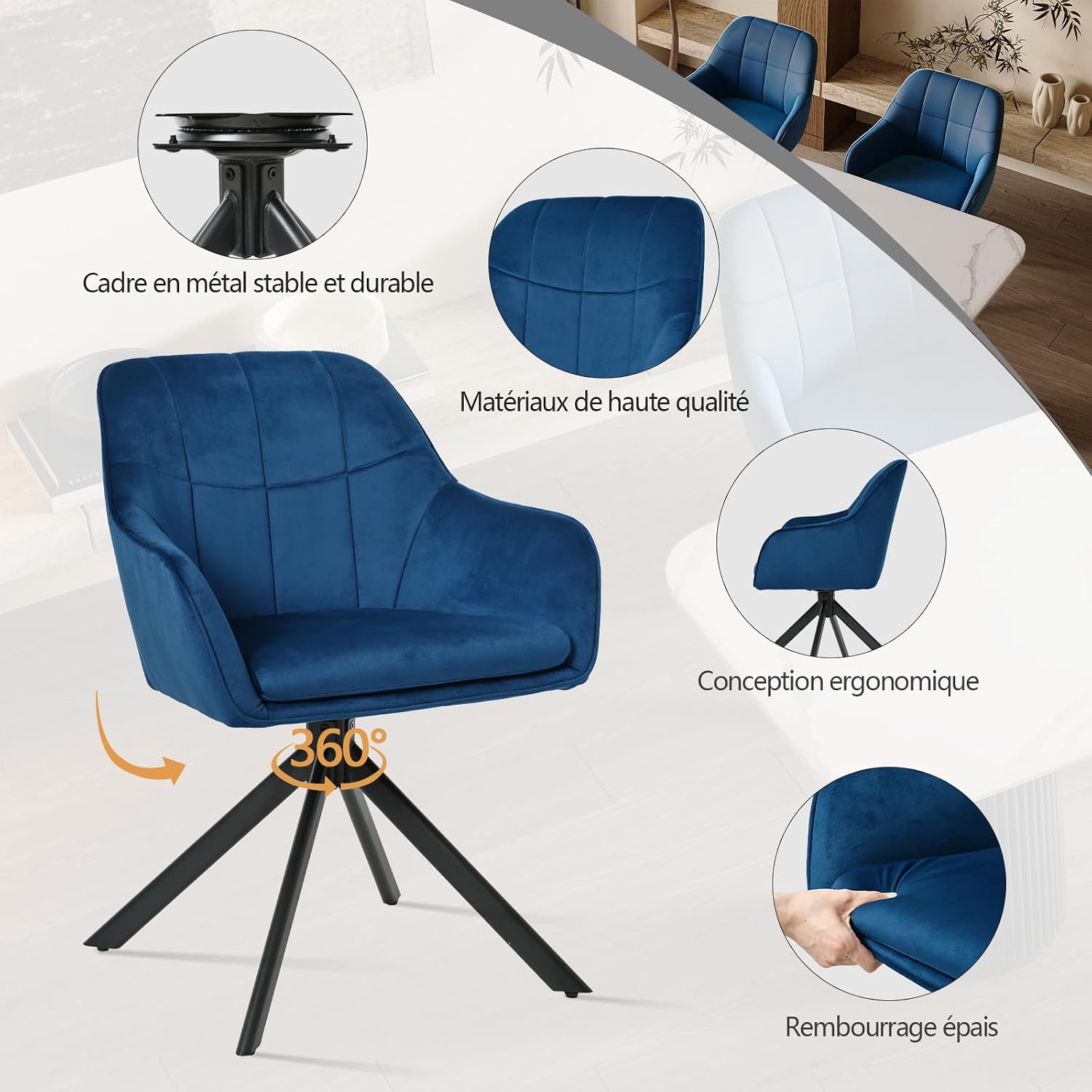 Thumbnail 3 de Lot de 4 chaises pivotantes à 360° en velours avec accoudoirs Goeurvant – bleu foncé