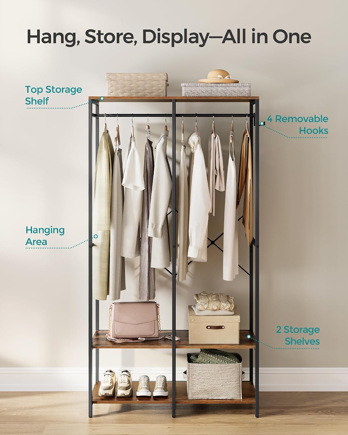 Detalle 2 de SONGMICS BLOCHIC RGR004B01 Clothes Rail with Shelves, X-Bar Support