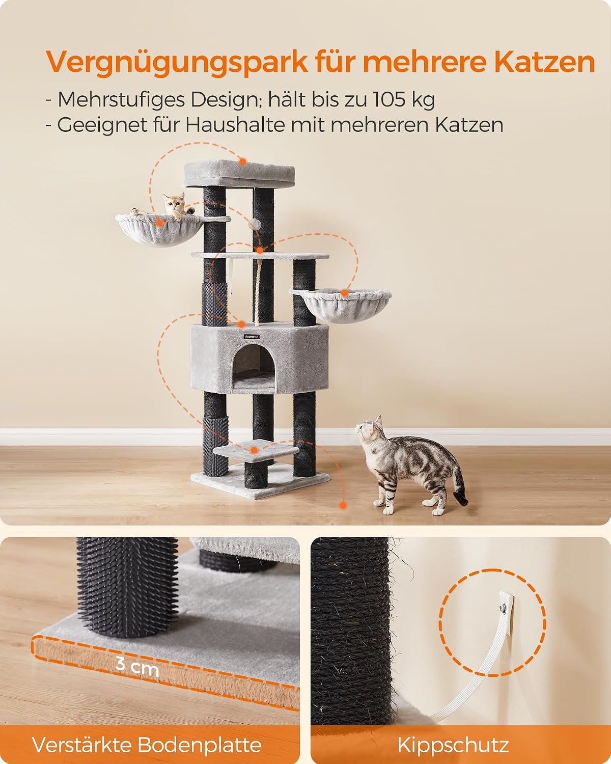 Thumbnail 6 de Feandrea Kratzbaum mit warmen Decken, 9 Kratzsäulen und 2 Katzenbürsten (PCT003W01) – 50 x 50 x 160 cm