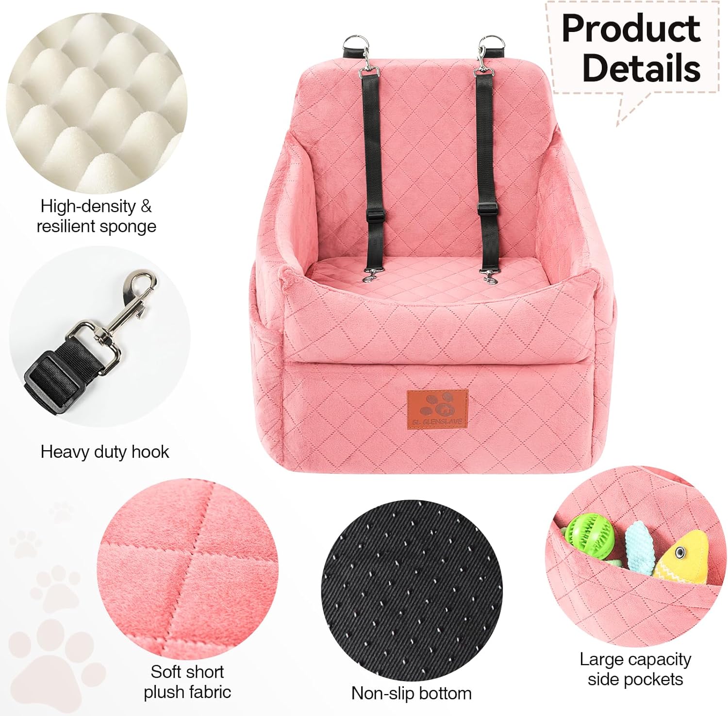 Detalle de GL GLENSLAVE Hunde-Autositz für kleine & mittlere Hunde bis 35 lbs (rosa)