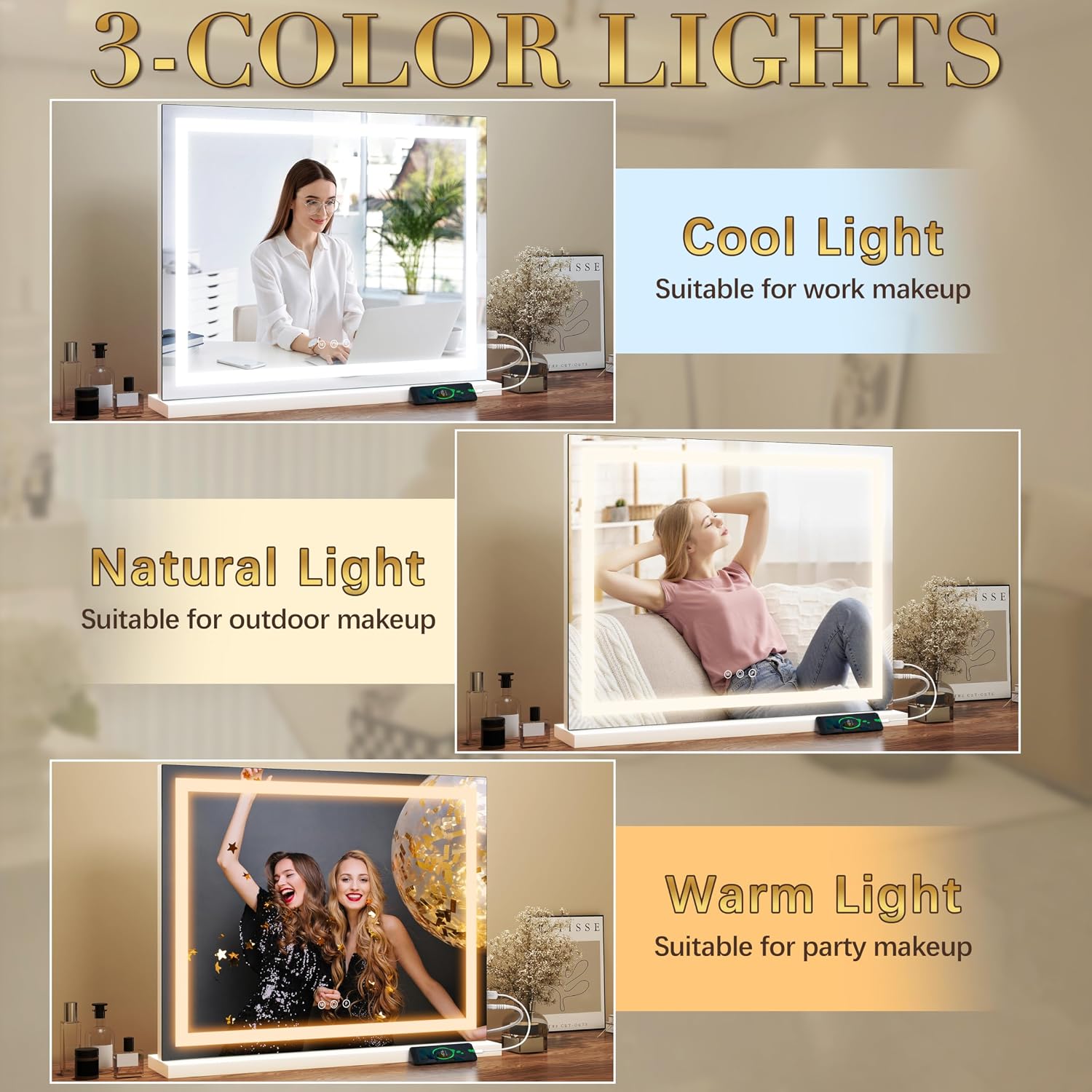 Thumbnail 3 de ROLOVE 23x18 Inch Lighted Vanity Mirror with 3-Color Dimmable LED & Touch Controls