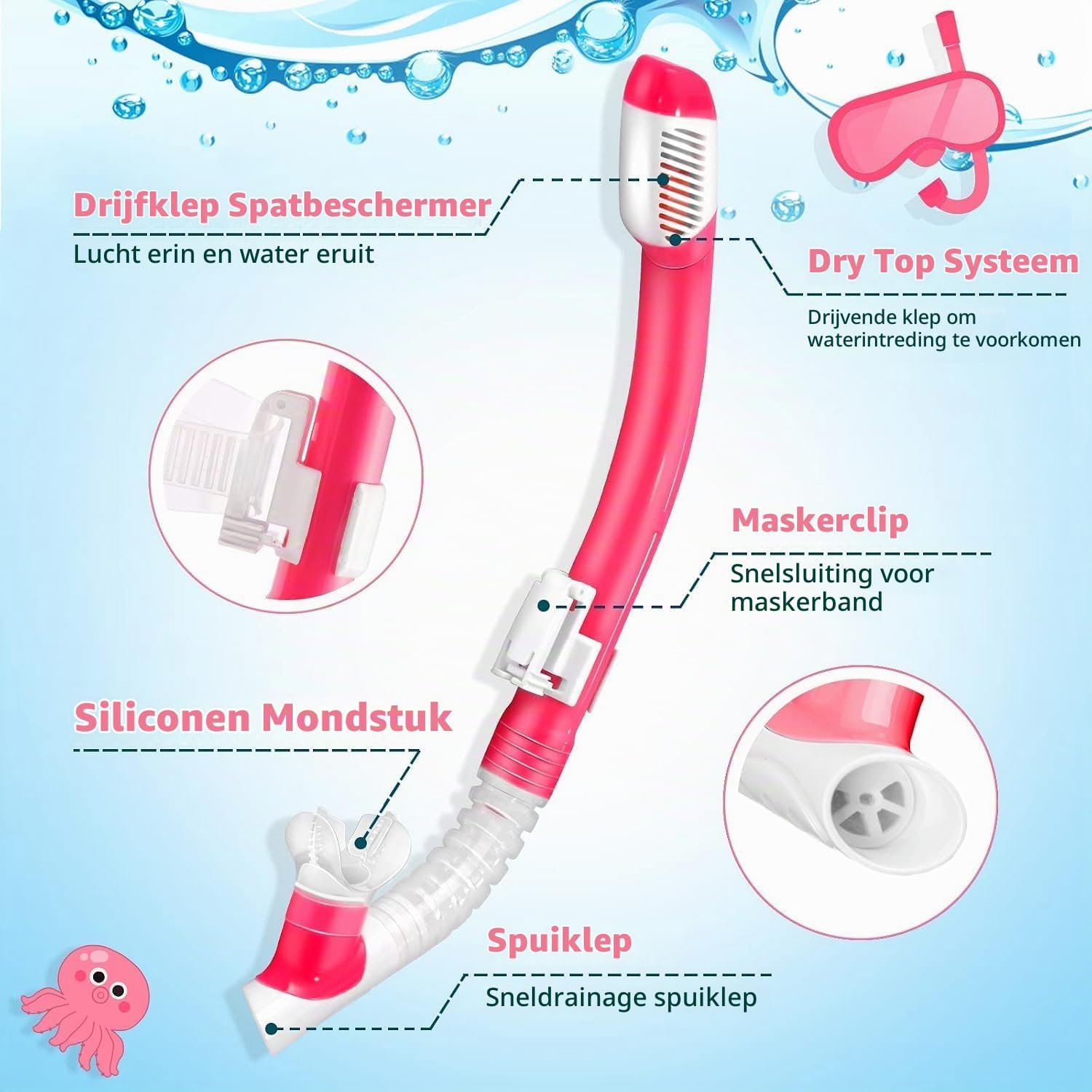 Detalle 2 de HIKOTEY snorkelset voor kinderen met 180° panoramabril en droge snorkel
