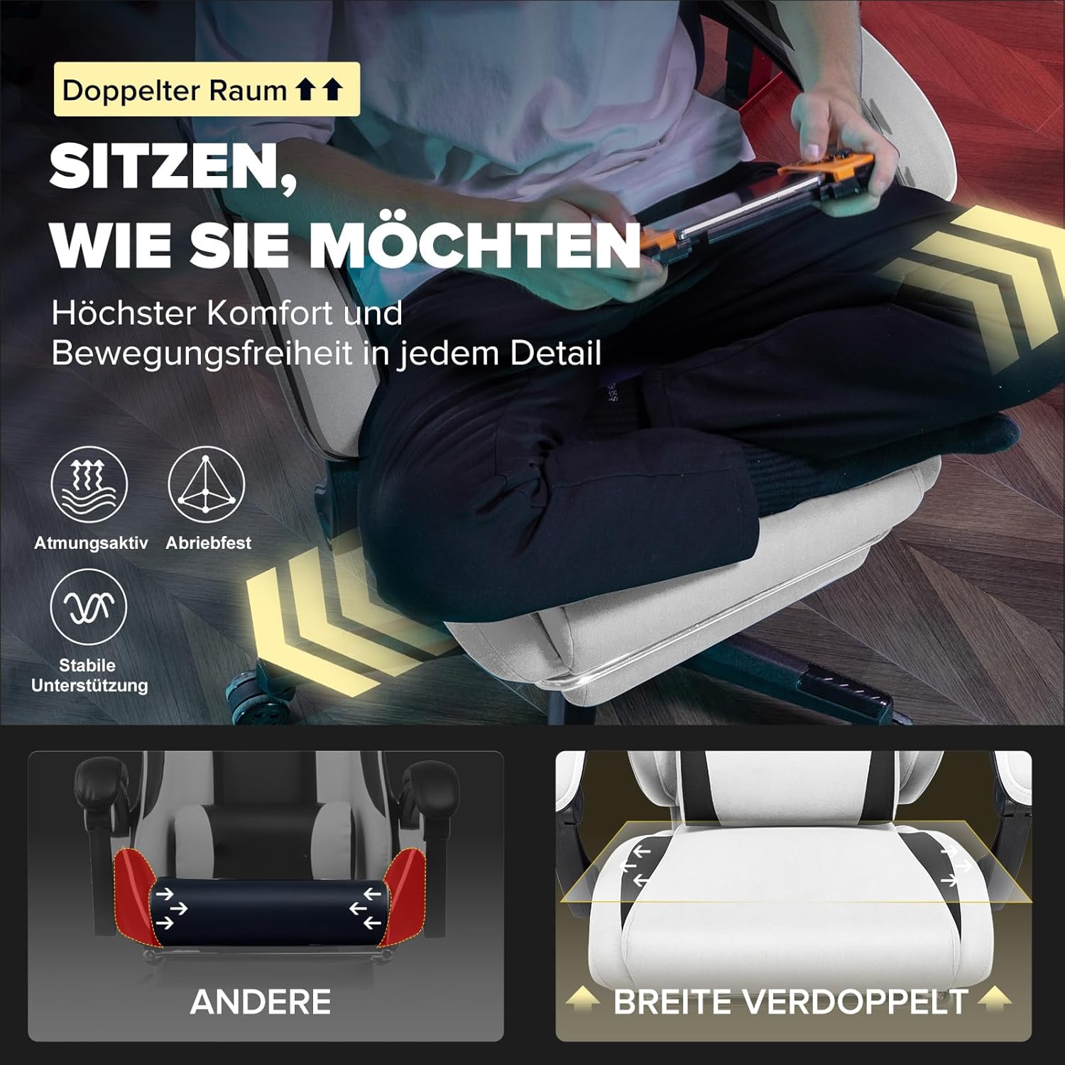 Detalle de GTPLAYER Gaming Stuhl – Ergonomischer Stoff-Gamer-Stuhl mit Lendenwirbelstütze, breite Rückenlehne, 150 kg Belastbarkeit, Grau