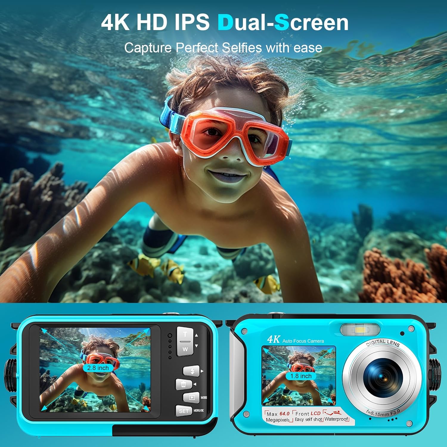 Detalle de Yixinxin 4K Unterwasserkamera mit Dual-Screen – 64MP Autofokus, 16 ft Tauchtiefe, inklusive 32GB