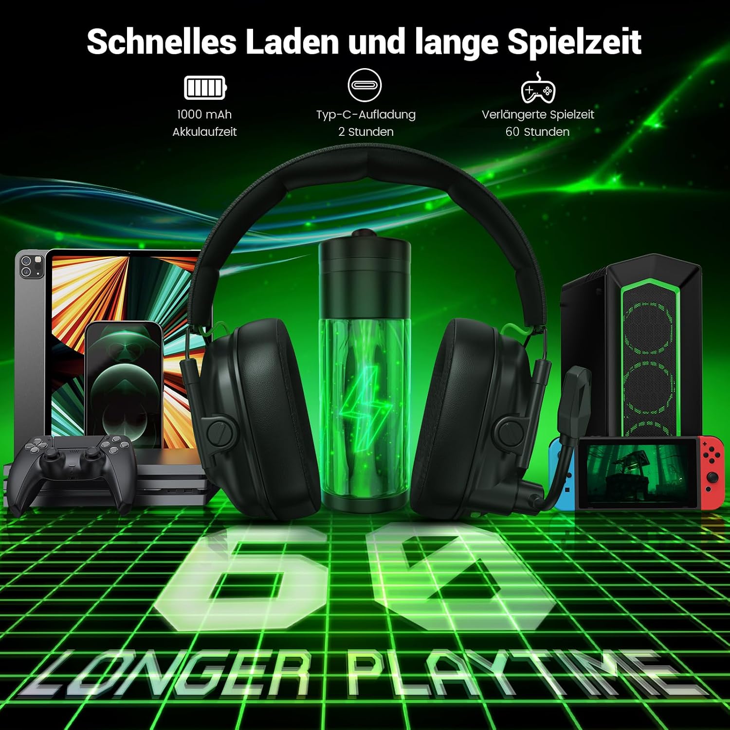 Thumbnail 6 de Krysenix Gaming Headset Wireless mit Mikrofon – ultraschnelle 2,4-GHz-Latenz und Bluetooth 5.4