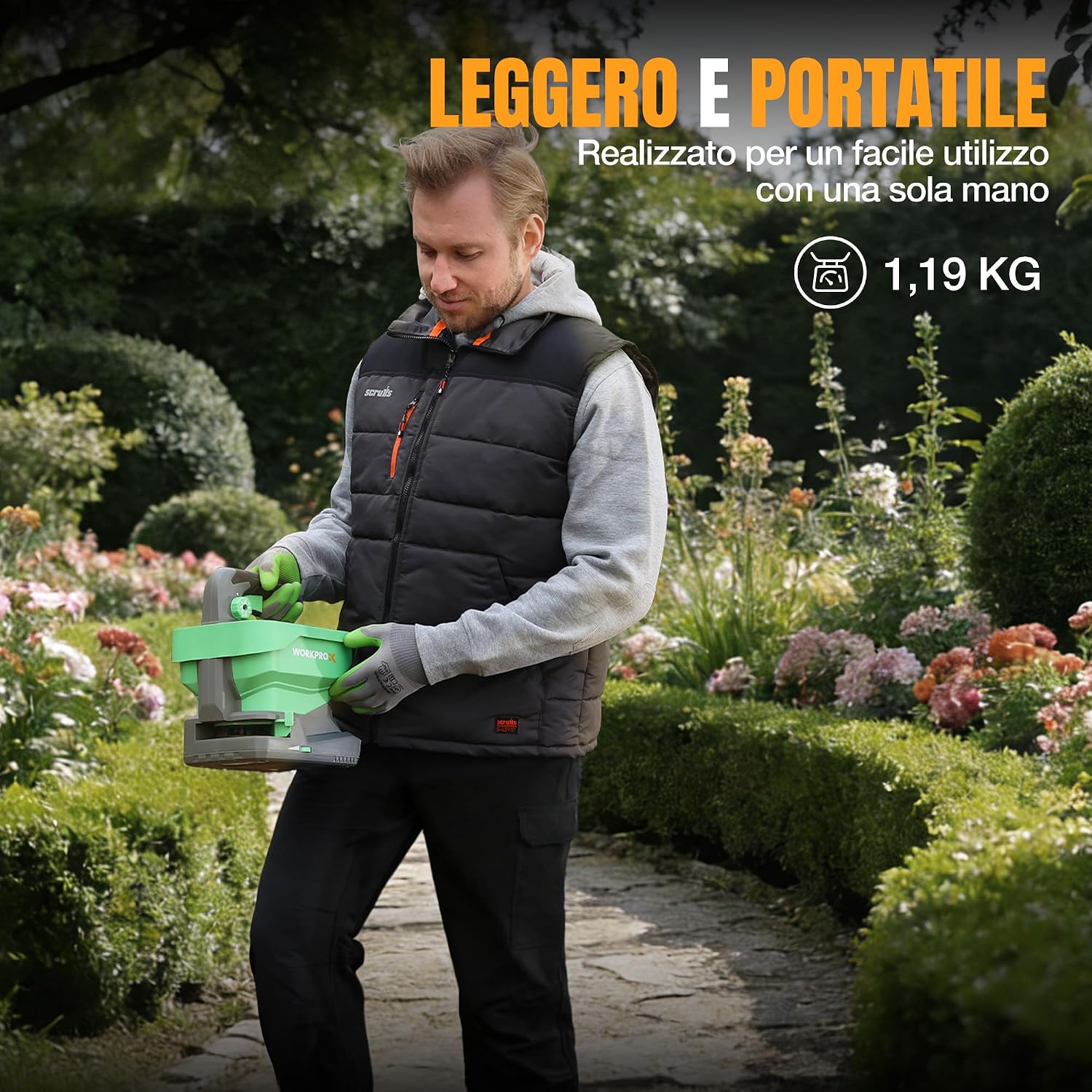 Detalle de WORKPROX Seminatrice universale a batteria 7,2 V con 8 flussi, 6 velocità e larghezza di proiezione regolabile