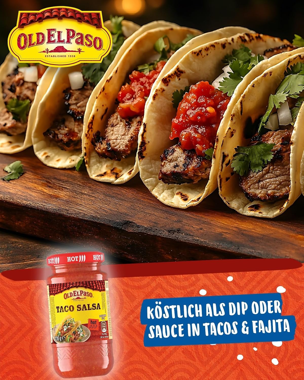 Detalle de Old El Paso Tortilla Taco Salsa Hot – fruchtig-scharfe Tomaten-Salsa (6er Pack, 1 x 235 g)