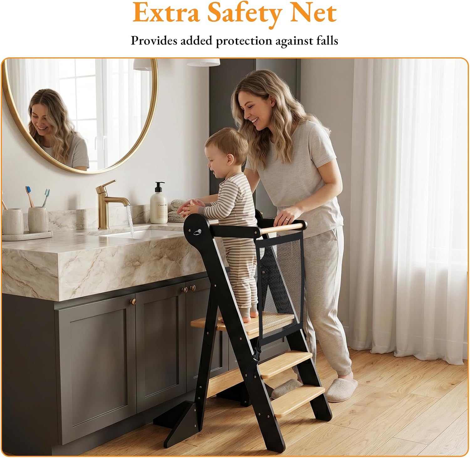 Thumbnail 5 de COSYLAND Foldable Toddler Standing Tower with Adjustable Height and Safety Net, Ages 18 Months–6 Years