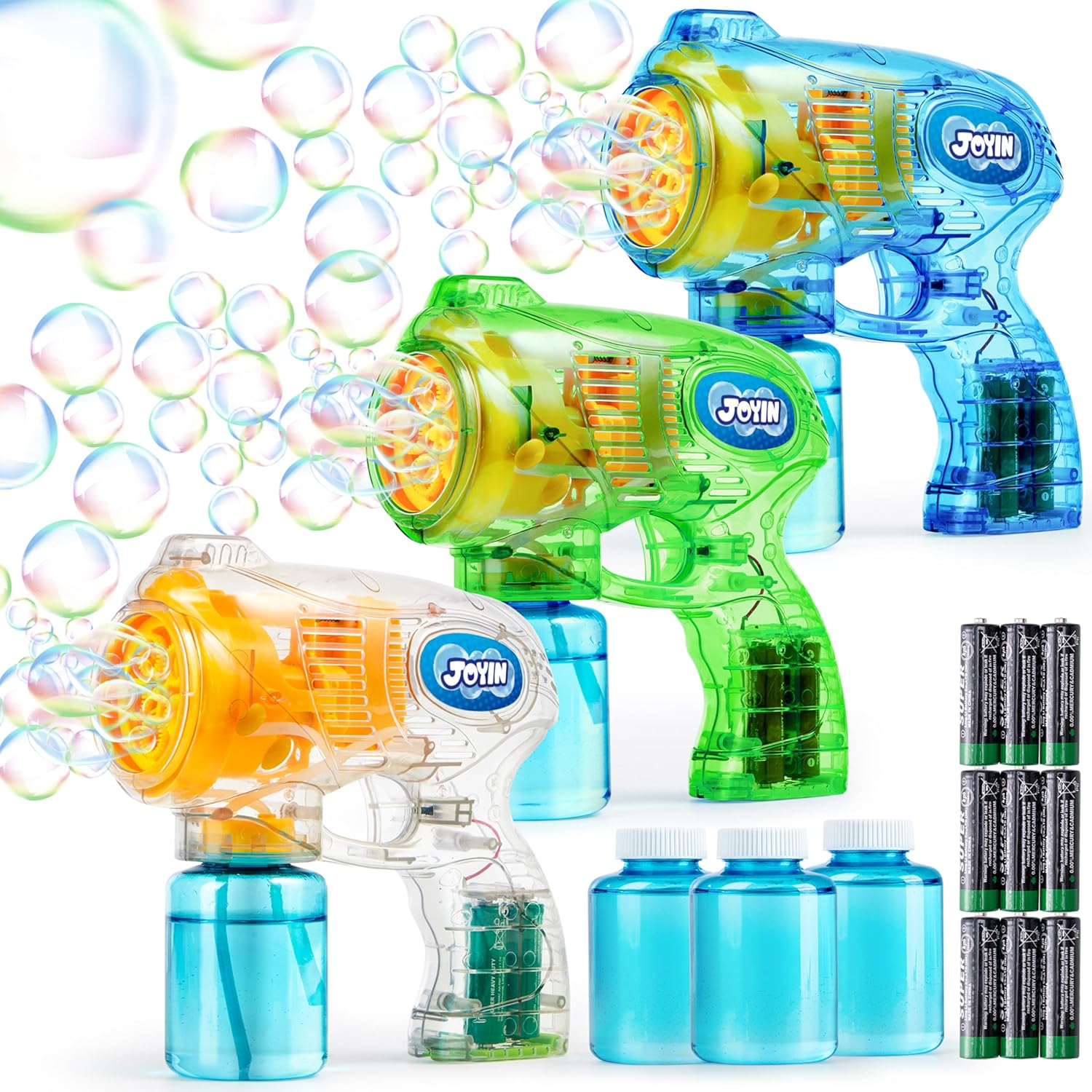 Detalle de JOYIN 3 Packs Bubble Guns with 3 Solutions: A Fun, Safe Bubble Maker Kit for Kids