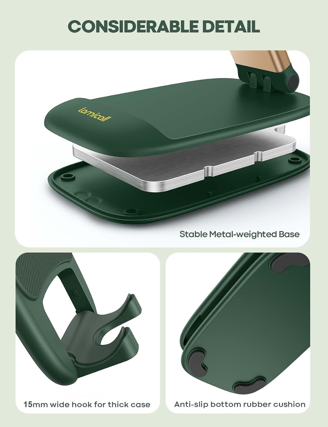 Thumbnail 5 de Lamicall Adjustable Phone Stand for Desk (Foldable) in Green – Height & Angle Adjustable for 4–8 inch phones