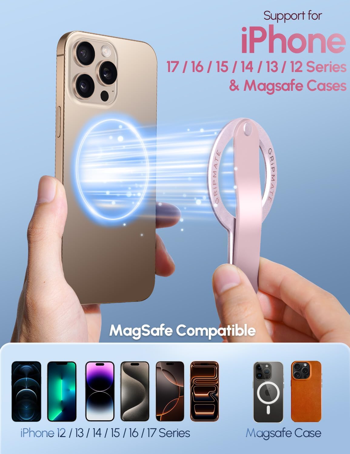 Detalle de GripMate for MagSafe Phone Grip: Magnetic Ring Holder & 2-in-1 Stand for iPhone (Pink)