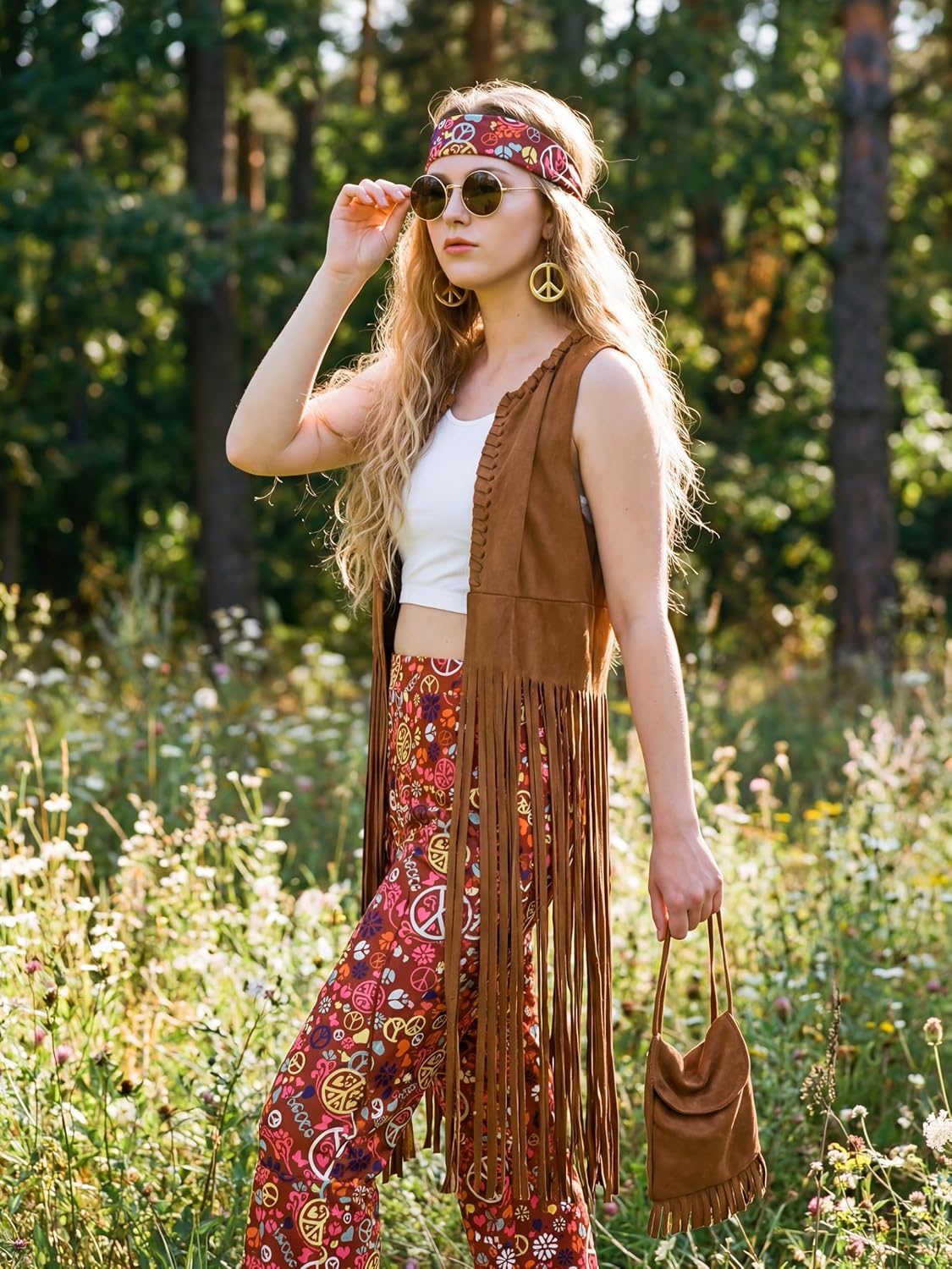 Detalle 1 de SOMSOC 7-Piece 60s and 70s Hippie Costume with Fringe Vest and Flared Pants