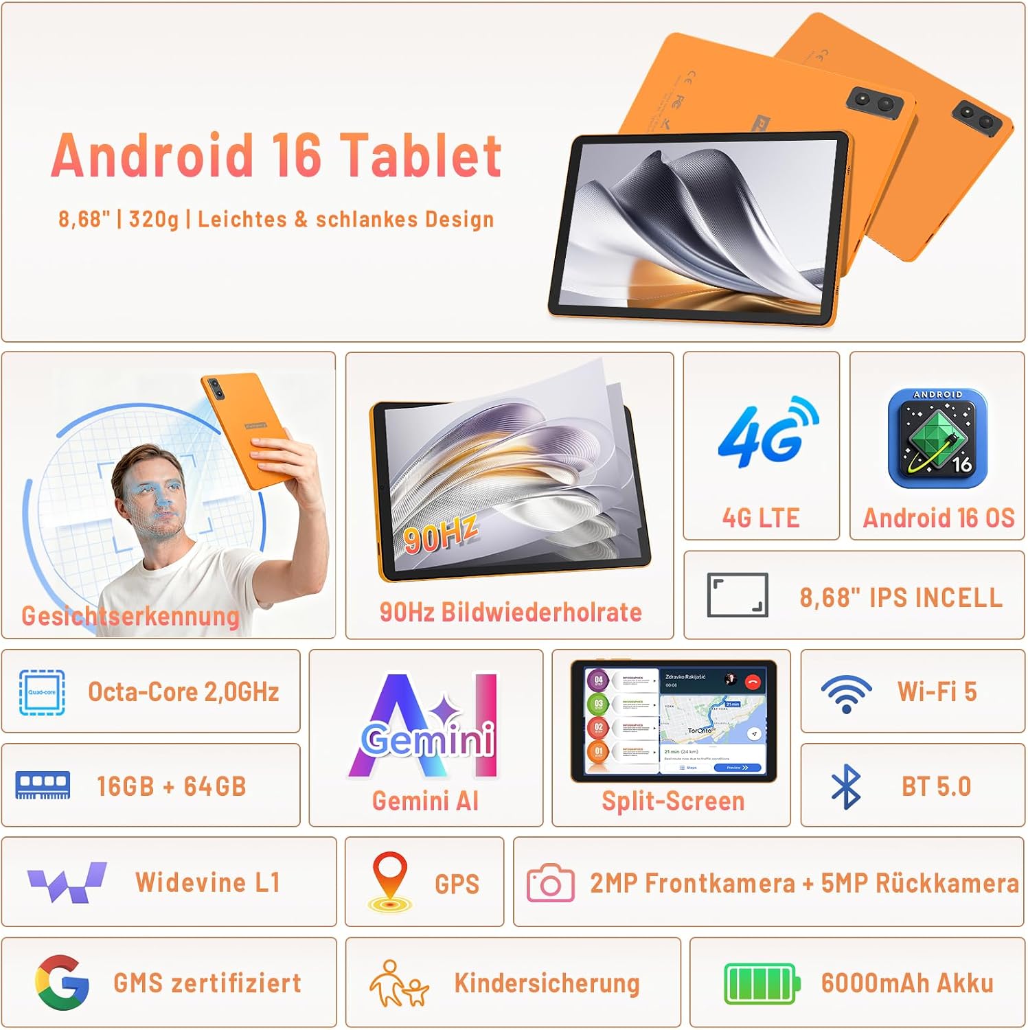 Detalle de paitanry Android 16 Tablet 8,7 Zoll – 4G LTE, Gemini AI, 16GB RAM + 64GB Speicher, Speichererweiterung bis 2TB