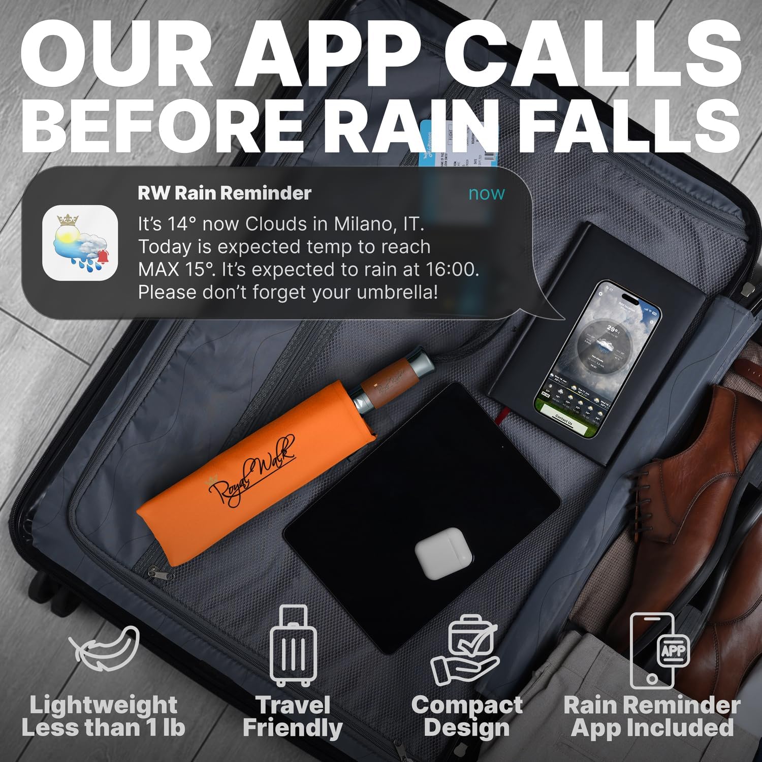 Thumbnail 5 de Royal Walk Windproof Folding Travel Umbrella with Real Wood Handle – Automatic, Vented Double Canopy, Orange