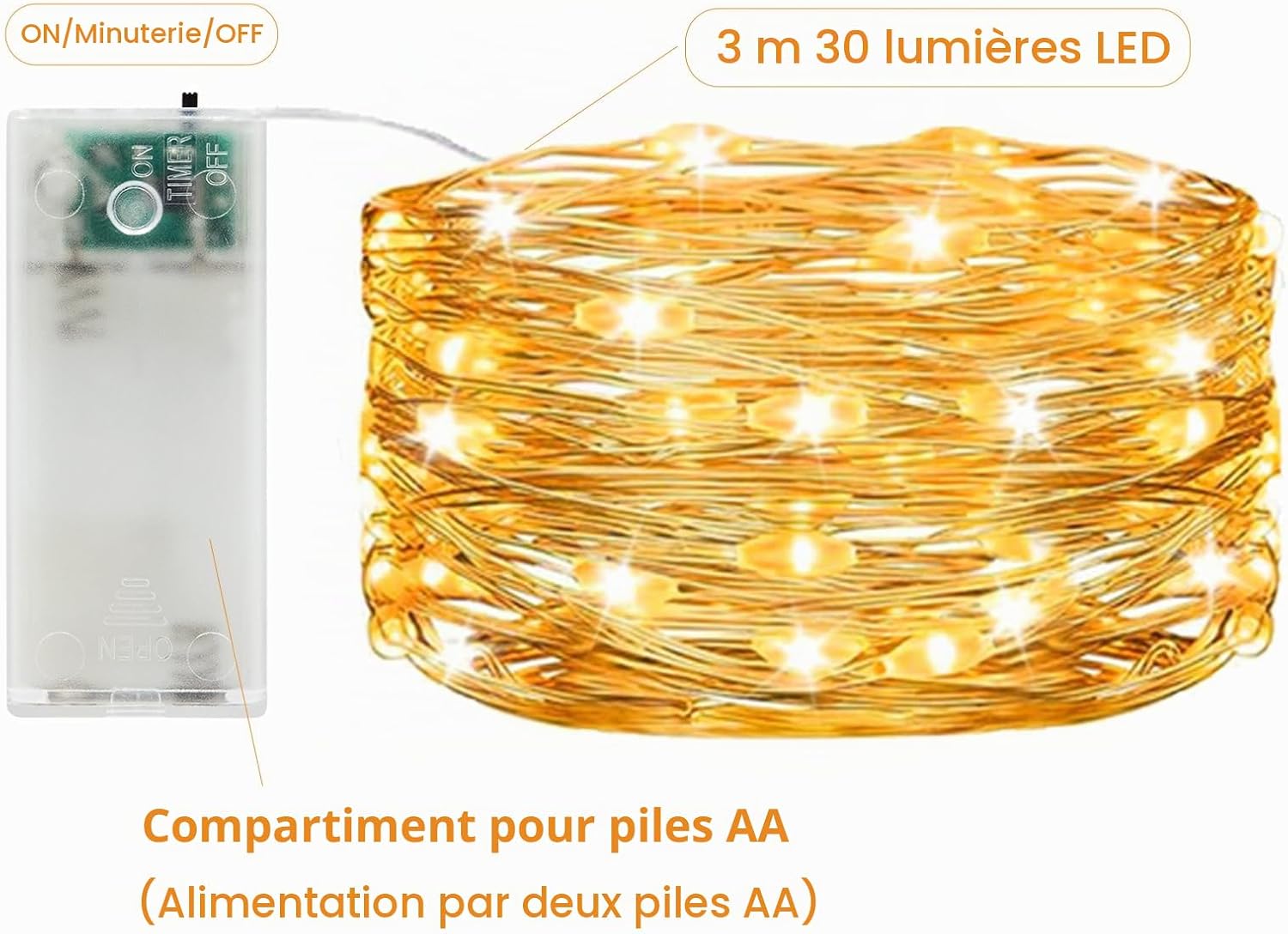 Detalle de AdalyRoma HT-TXD-3M mini-lichtsnoeren, set van 6, 3 m, 30 warmwitte leds en timer