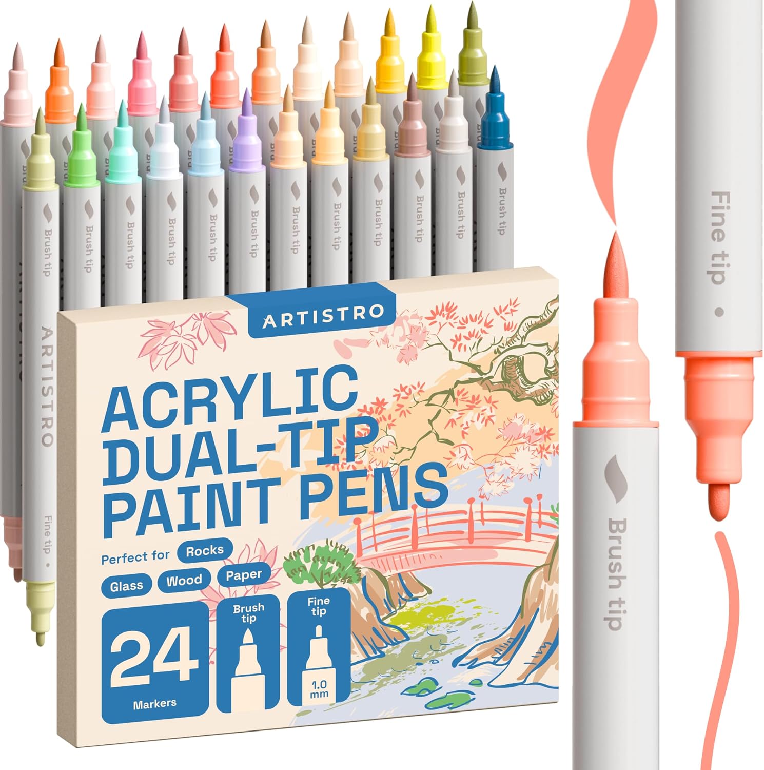 ARTISTRO 24 Acrylic Paint Pens Dual Tip (Brush & Fine) – 24 Pastel Markers for Fabric, Canvas, Rock, Glass, Wood