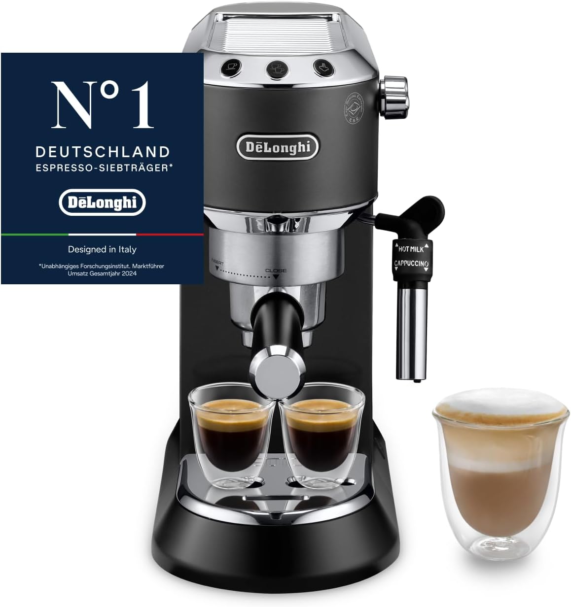 Detalle de De'Longhi Dedica Style Perfetto (EC685.BK) – kompakte Siebträgermaschine mit Milchaufschäumer, ESE-Pads & 15-Bar-Druck