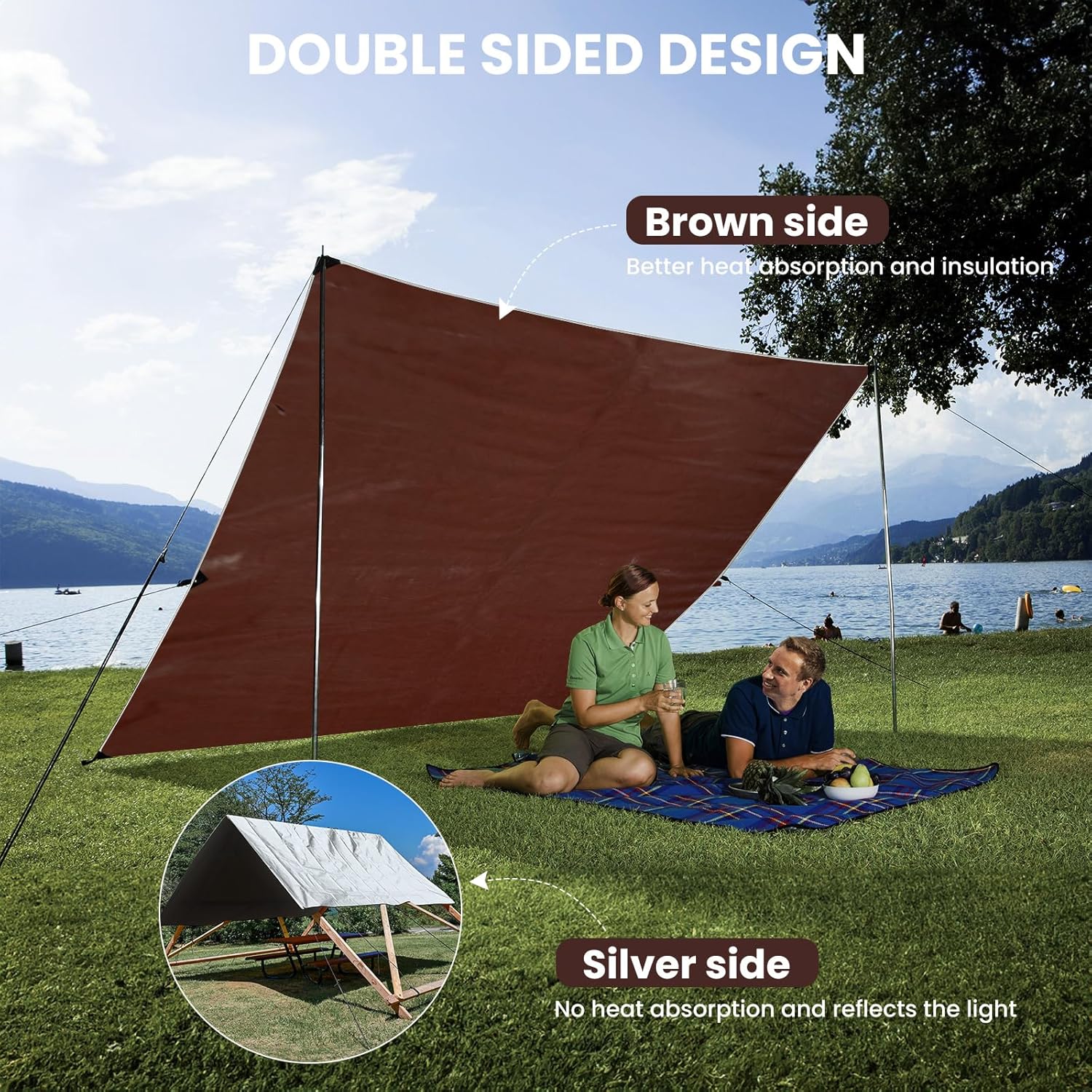 Thumbnail 2 de Sunvigor 10x20Ft Waterproof Heavy Duty Tarp (14 Mil) with Grommets, Silver/Brown