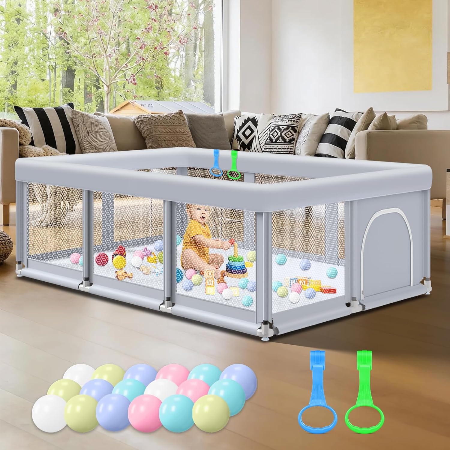 Detalle de Fshibila 74" x 50" x 27" Large Baby Playpen with Mesh, 18 Balls & 2 Handles