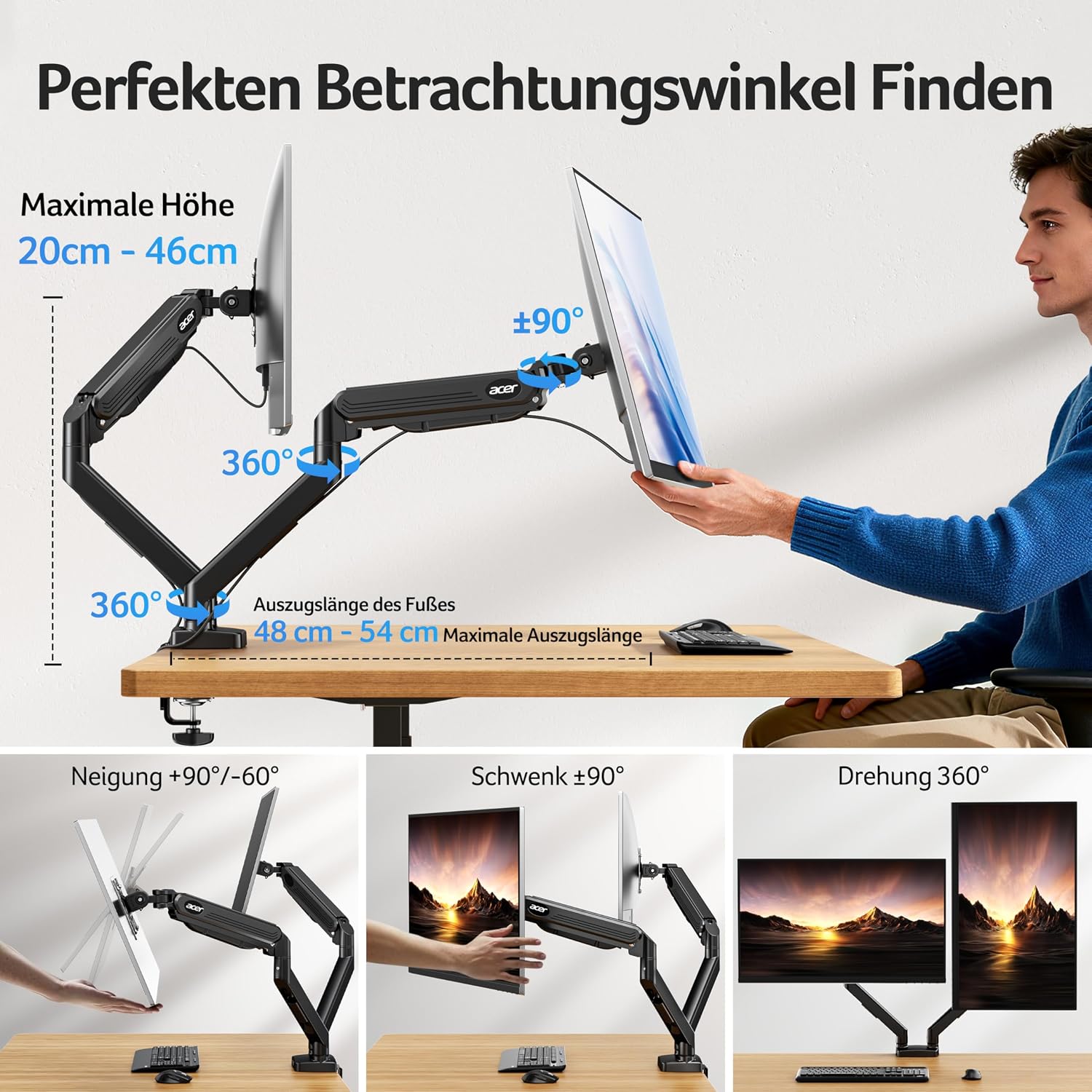 Detalle de Acer Dual-Monitor Halterung für 2 Monitore (17–32 Zoll) – Gasfederarm, VESA 75/100, neig- schwenk- drehbar