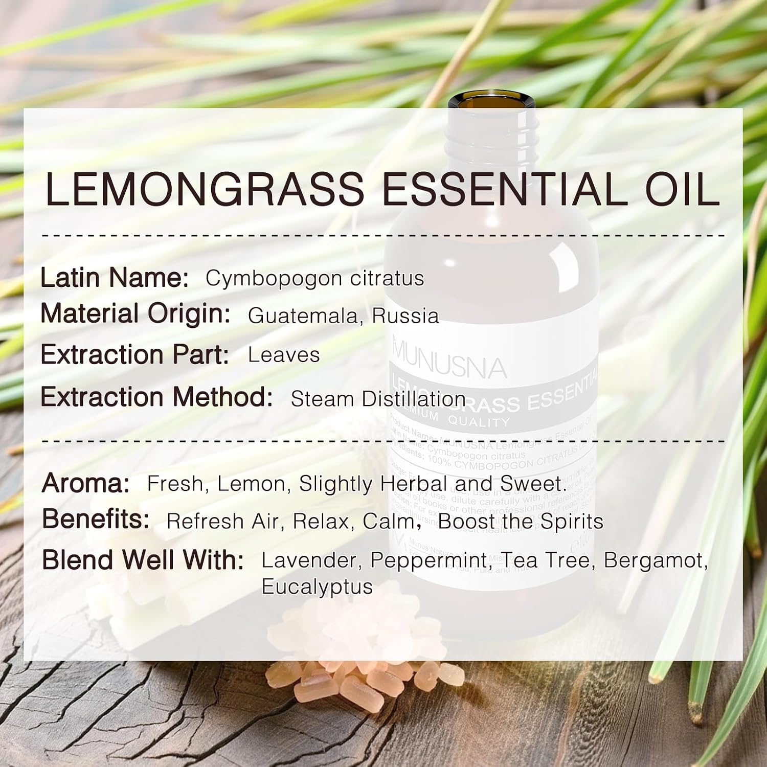 Detalle de MUNUSNA Lemongrass Essential Oil 100ml – Pure Lemongrass for Skin, Hair, Diffuser and Soap Making