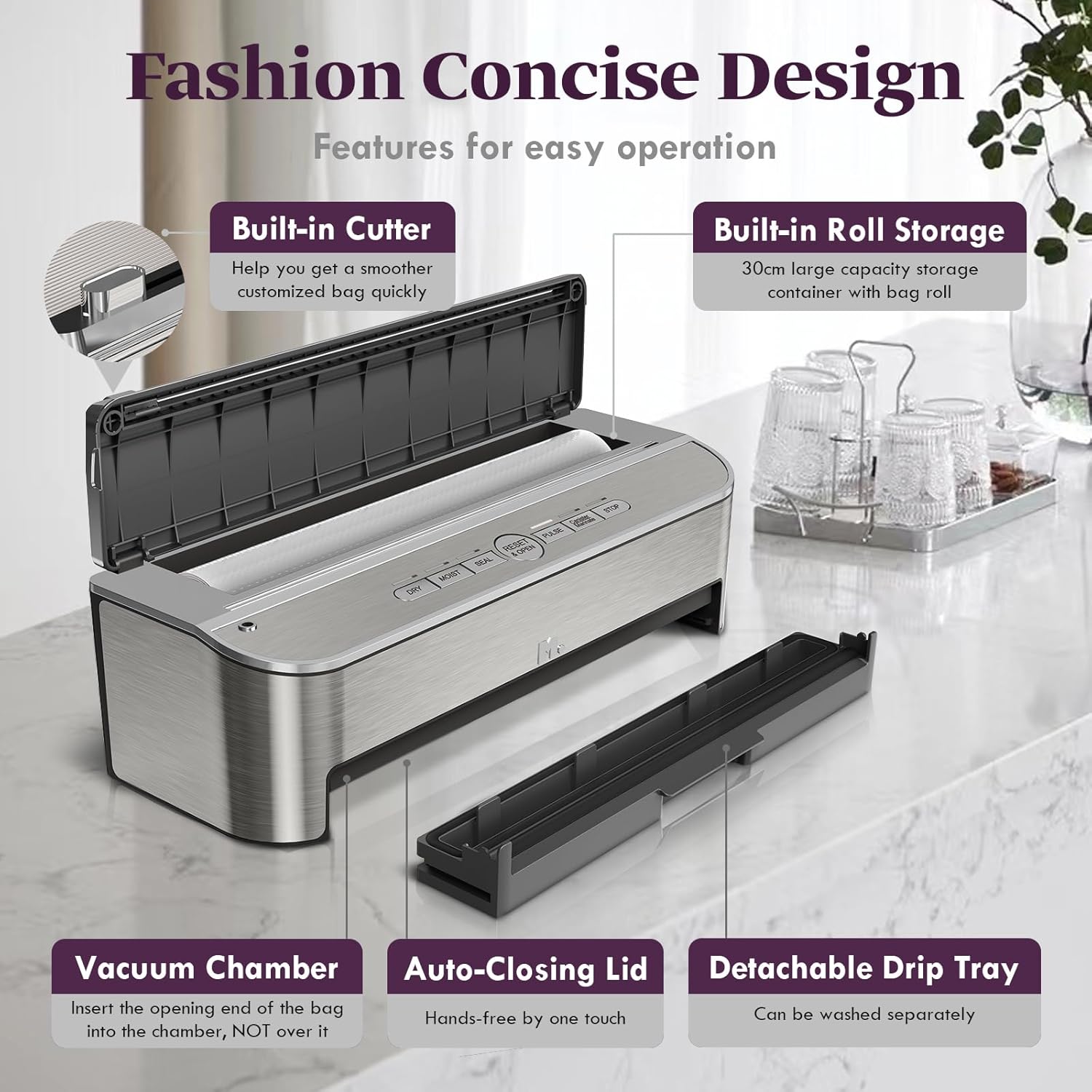 Thumbnail 4 de Mesliese automatic vacuum sealer machine (85kPa, 120W) with built-in cutter, bag storage and moist mode