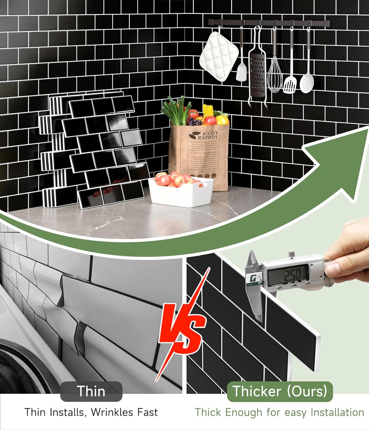 Thumbnail 3 de Yoillione Upgrade Thicker Peel and Stick Wall Tiles Backsplash – 12x12, 10 Sheets, Black