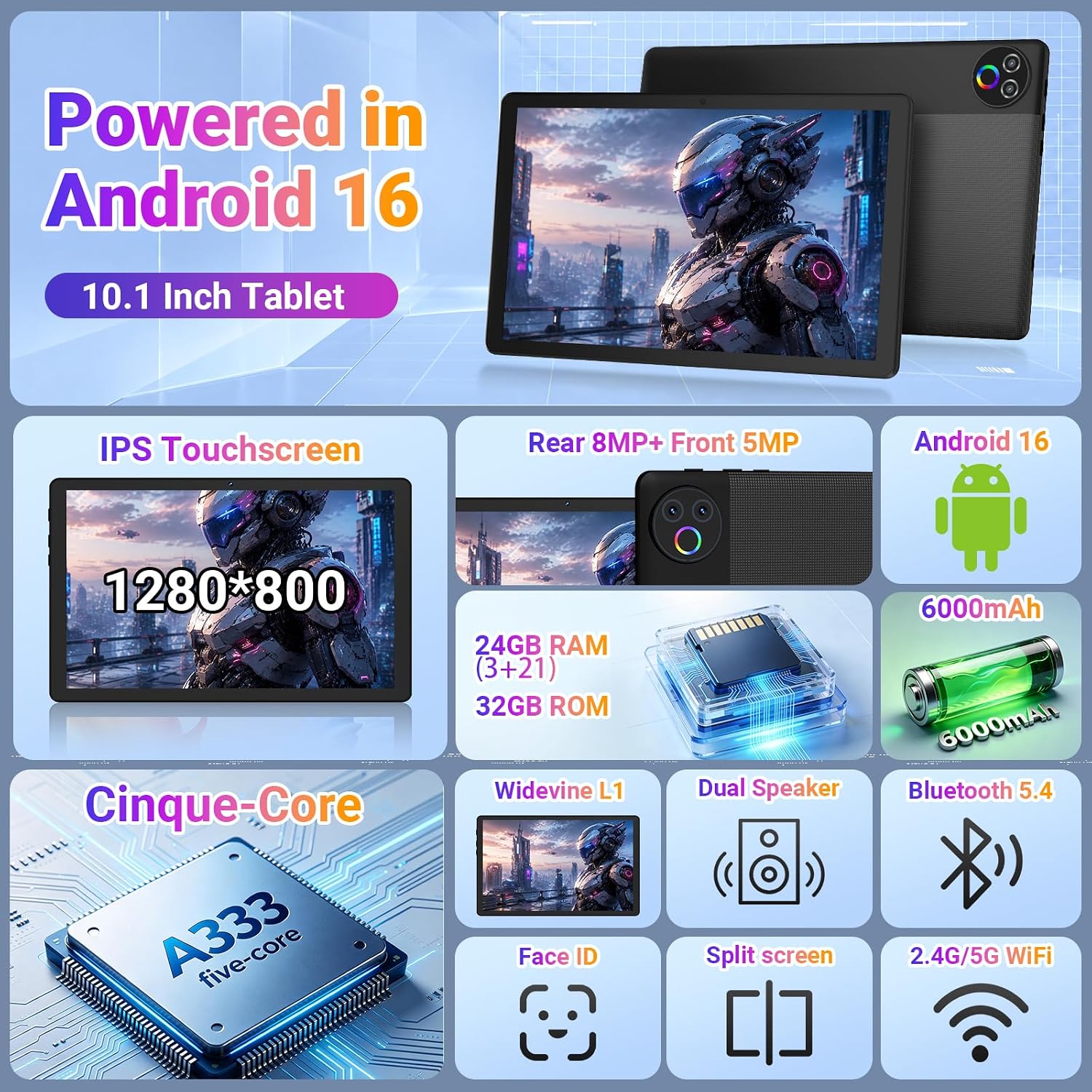 Detalle de Gleeso Tablet 10-Inch Android 16 with 24GB RAM, 1TB Expandable Storage and Face Unlock