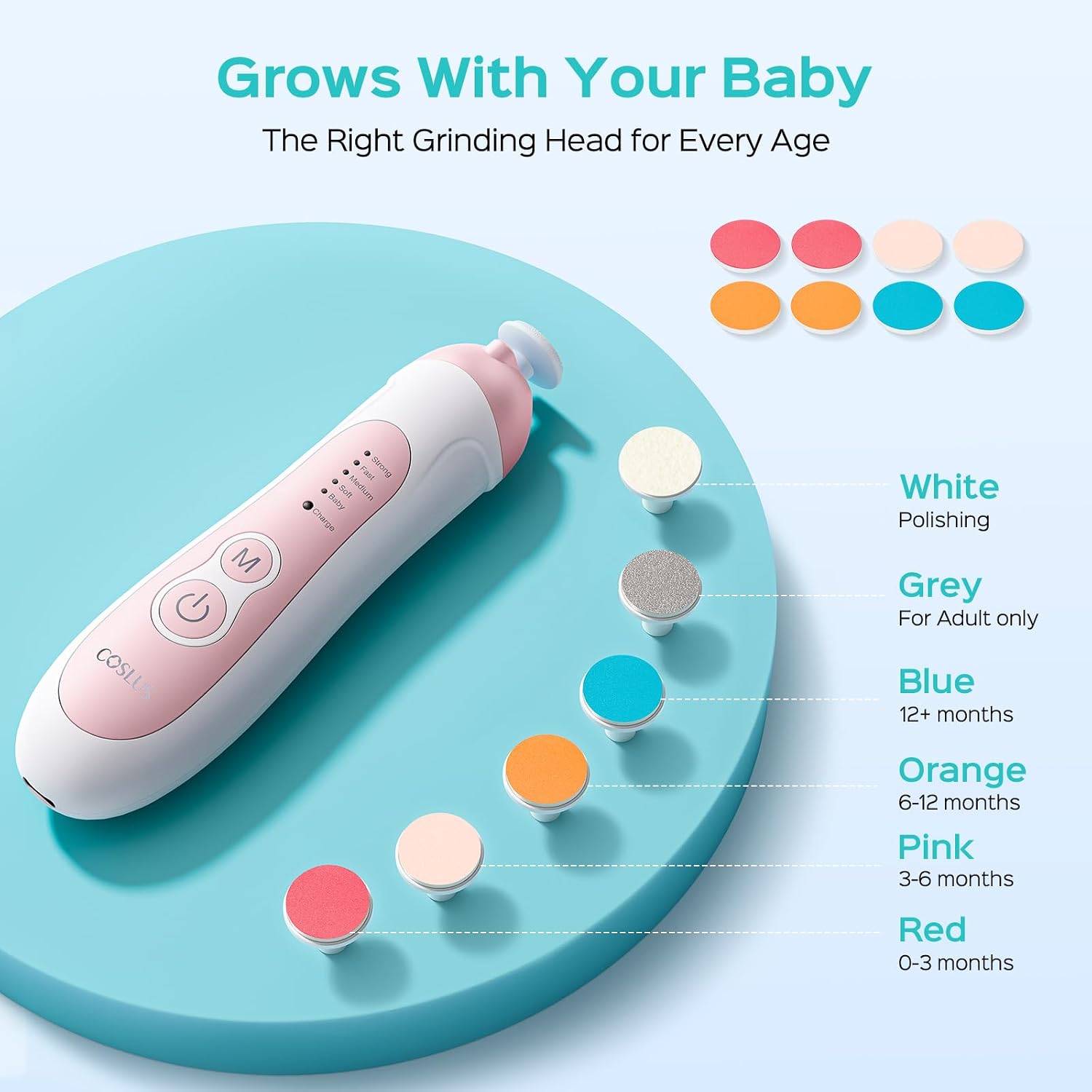 Thumbnail 5 de COSLUS C52 Rechargeable Baby Nail File (Cordless) with 5 Speeds, 6 Grinding Heads & LED Light - Pink