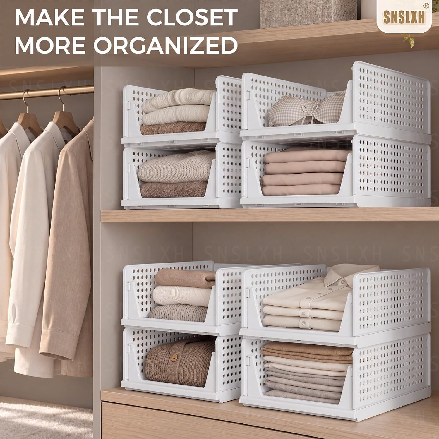 Detalle 2 de SNSLXH Blanc, paquet de 5 Stackable Closet Organizers, White, Foldable PP