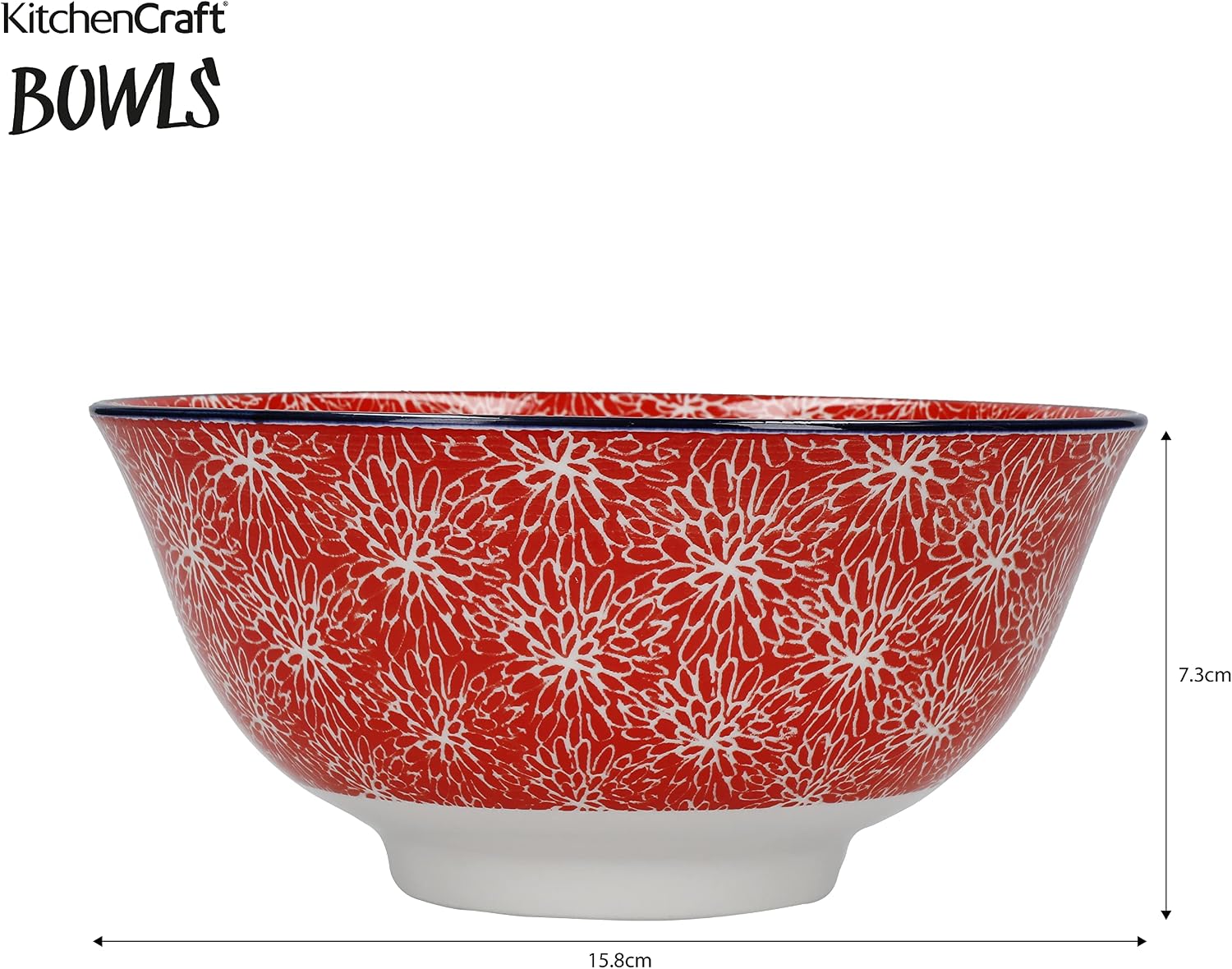 Detalle de KitchenCraft Glazed Stoneware Bowl Set of 4, Red and Black Floral, 700 ml