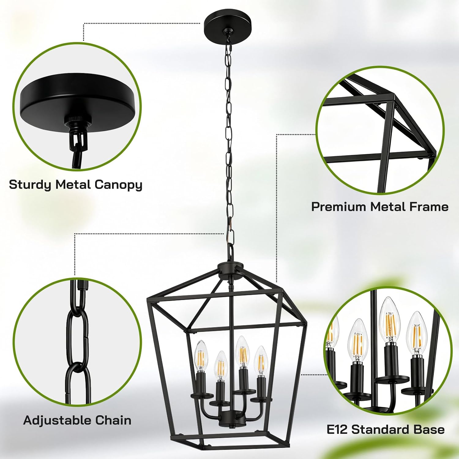 Detalle 2 de SANGFOR Chandelier, 4-Light Black Metal Farmhouse Ceiling Fixture