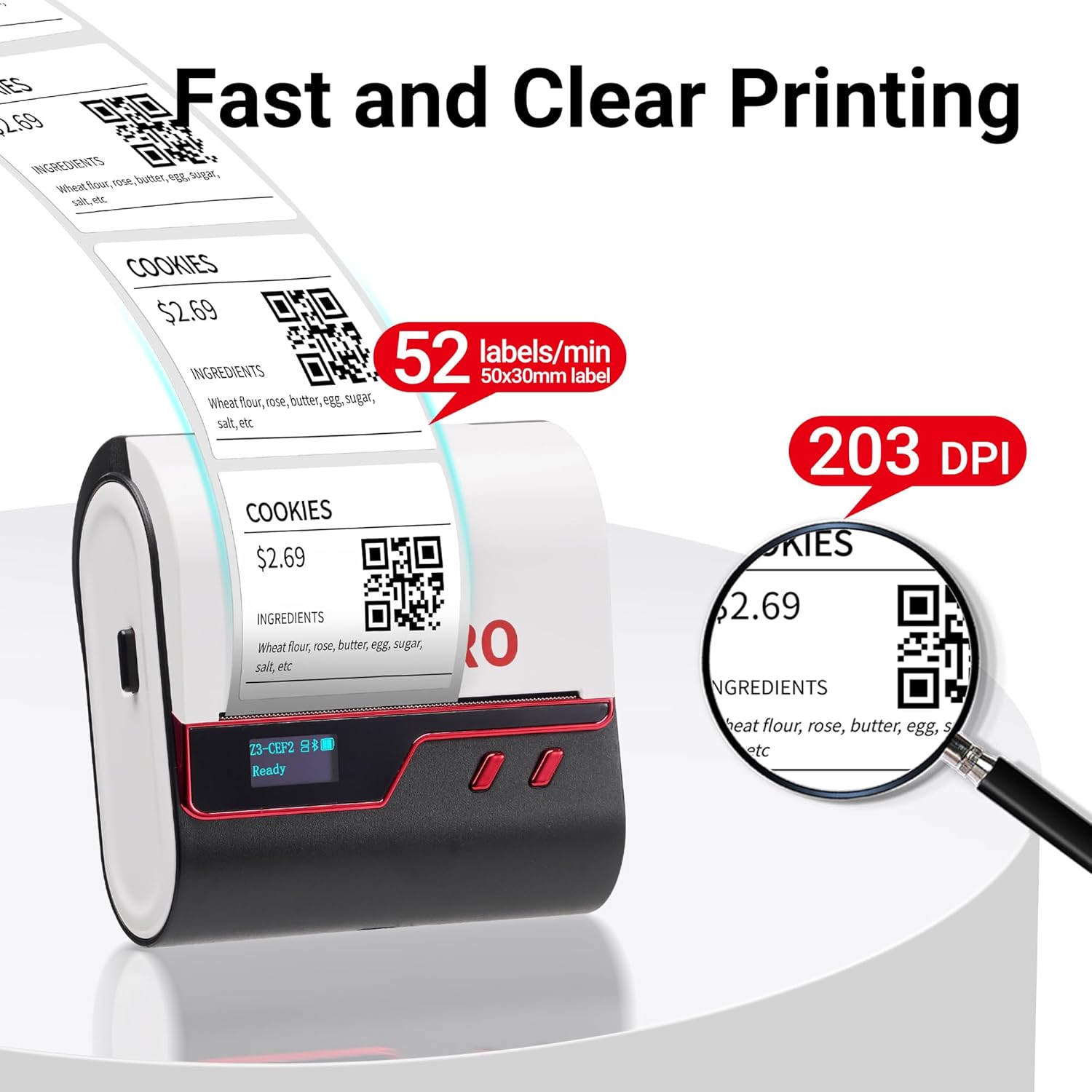 Thumbnail 2 de ORGBRO Z3 Stampante per etichette termiche adesive con app 4BarCode e 1 rotolo da 50×30 mm (rosso)