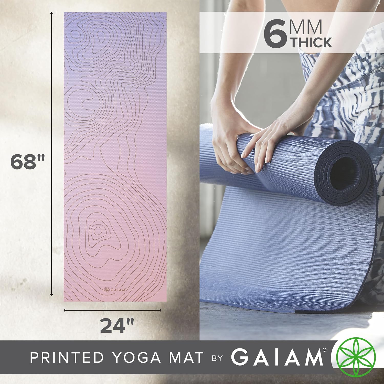 Detalle 2 de Gaiam Premium 6mm Yoga Mat, Non-Slip Printed PVC for Yoga and Pilates