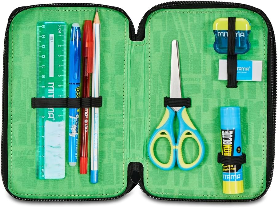 Detalle de Invicta Trousse d’école 3 Zip Triple compartiment noir et vert – avec stylos, crayons et marqueurs