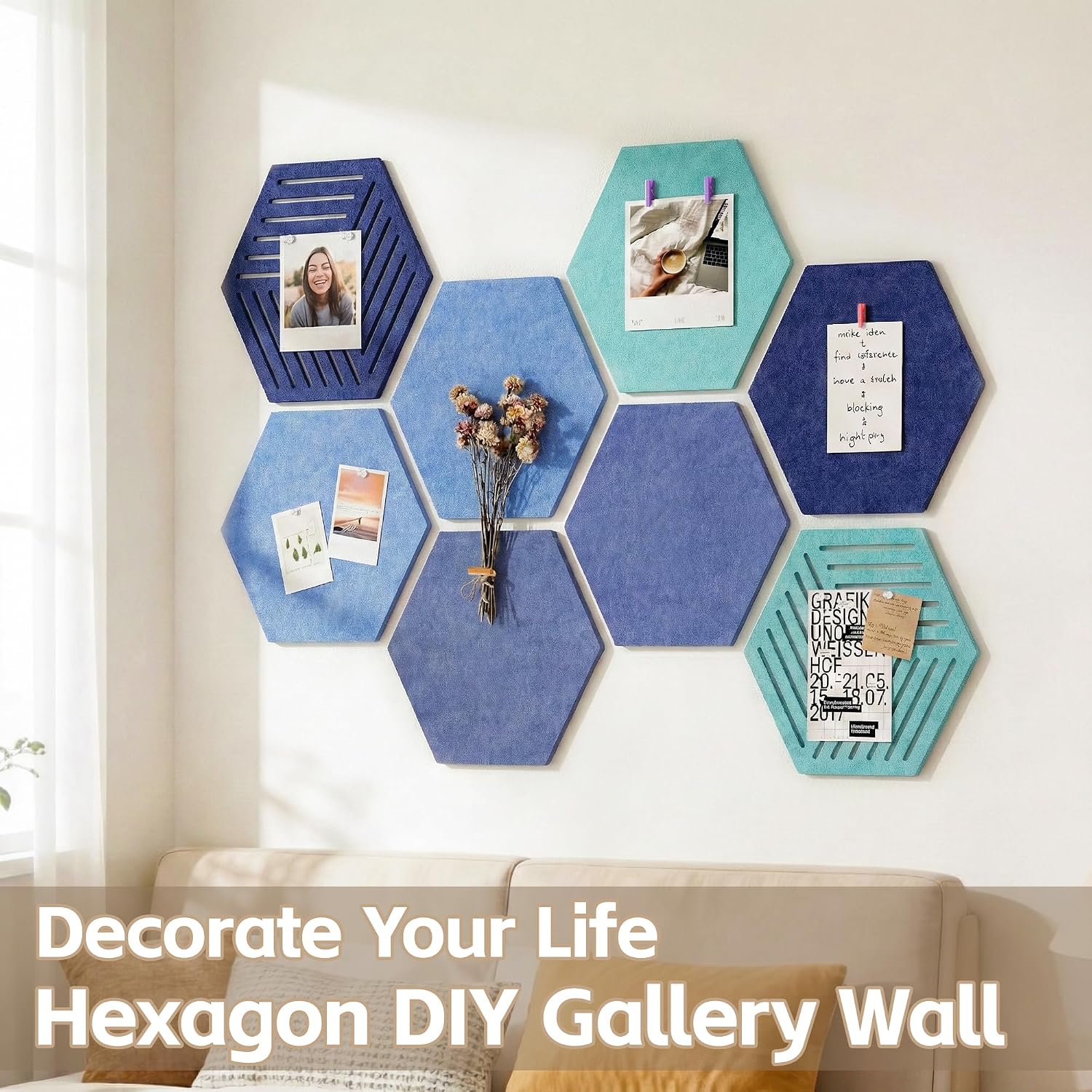 Detalle de Uoisaiko UY-US-10059-Q8 Hexagonal Felt Bulletin Board Tiles, 8-Pack