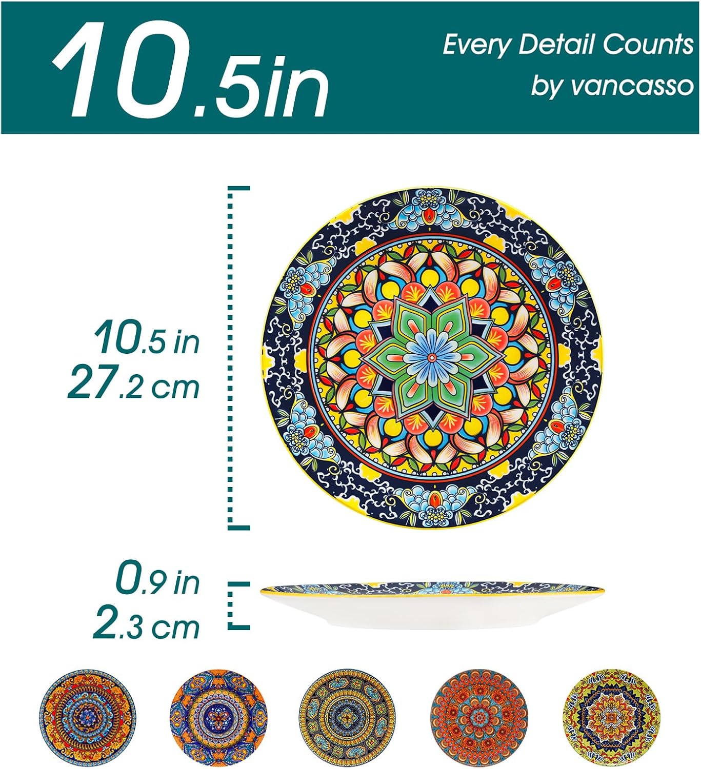Thumbnail 1 de Vancasso Colorful Dinner Plates Set of 6, 10.5 Inch – Bohemian Ceramic Dinnerware, Series KRVI
