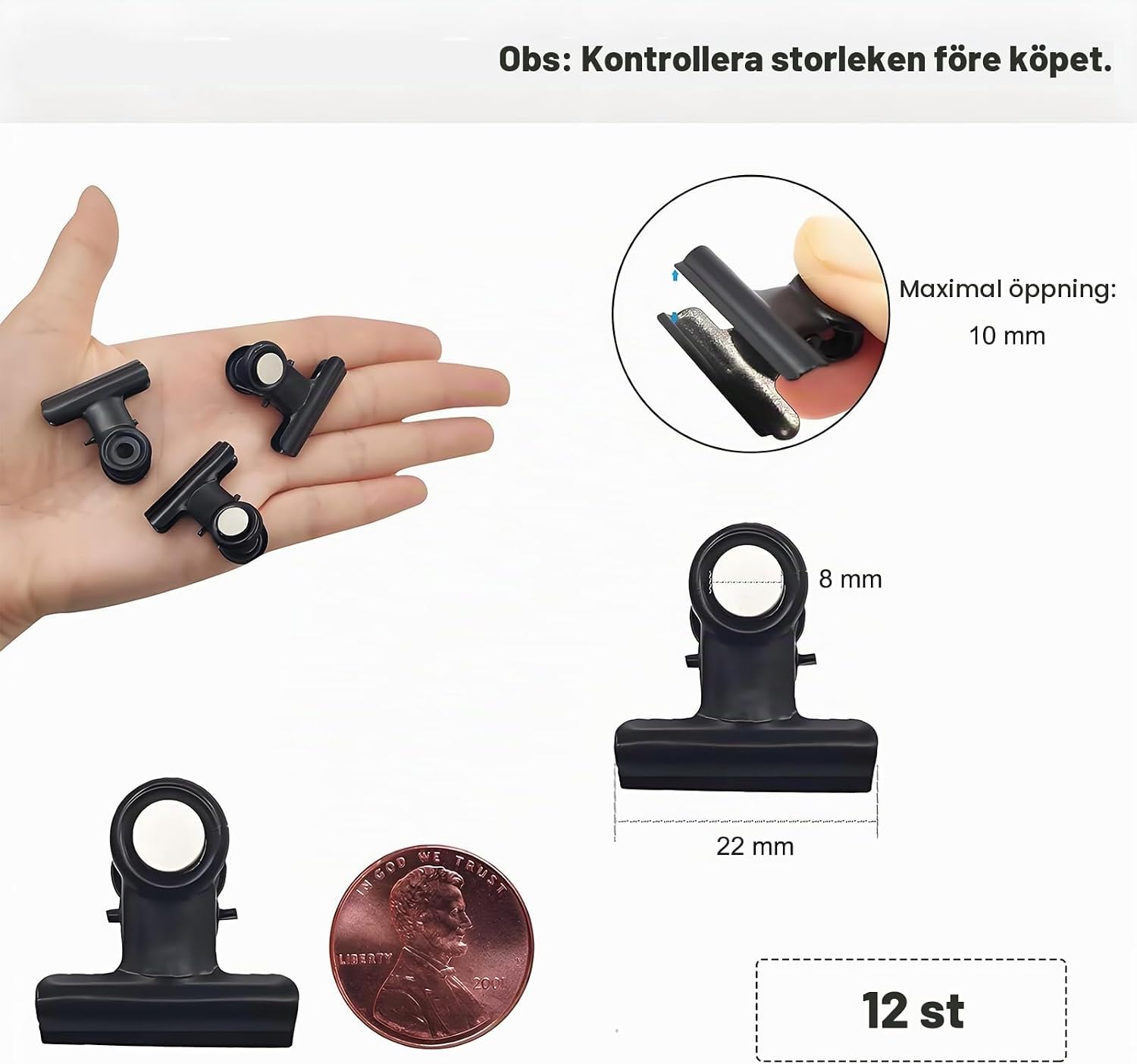 Thumbnail 6 de Kisstta magnetklämmor i metall, svarta 12-pack med upphängningshål