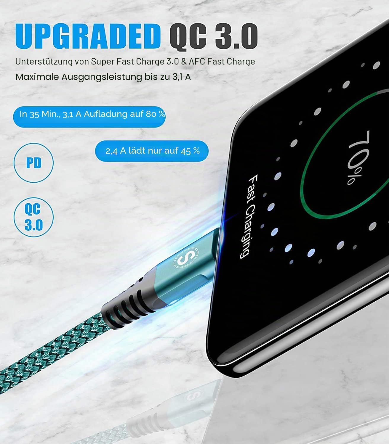 Detalle de Sweguard USB-C Kabel 3.1A (2er Set, 3 m) – Schnellladung & Datenübertragung