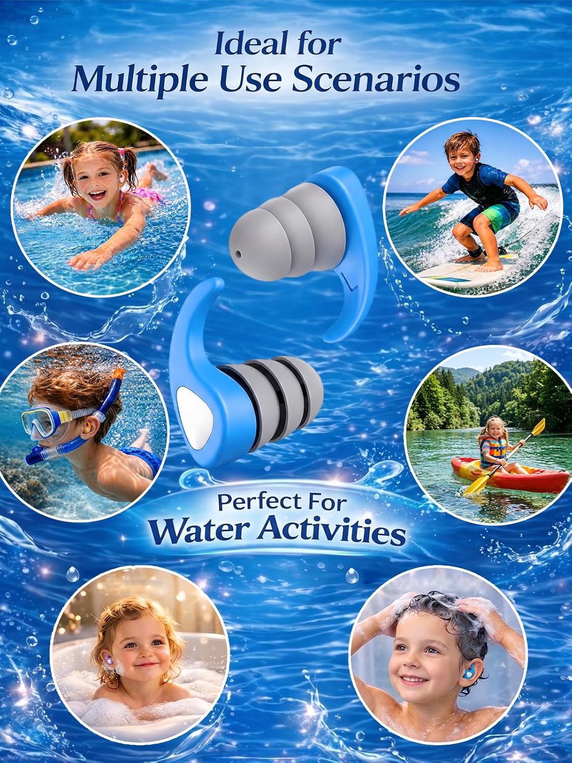 Detalle de Kids Swimming Ear Plugs: 3 Pairs of Reusable Silicone Ears Guards for Ages 3–10