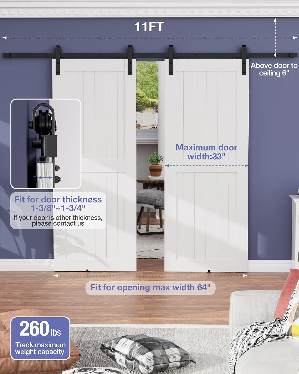 Detalle 2 de ZEKOO GCM3727 11 ft Double Barn Door Hardware Kit, Steel Rail, 260 lb Capacity