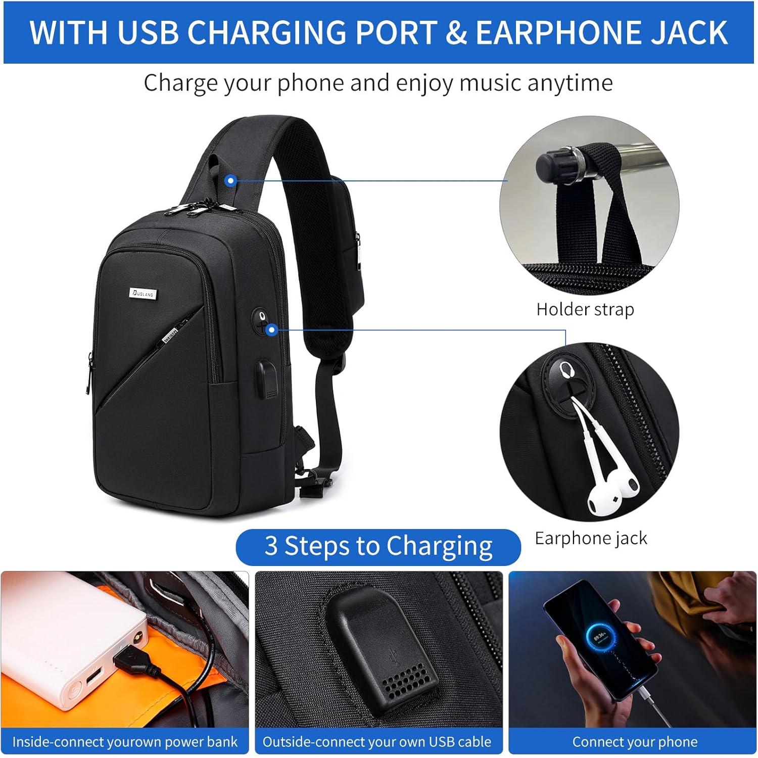 Detalle de DUSLANG Small Sling Bag: Lightweight Crossbody Backpack for Everyday Use